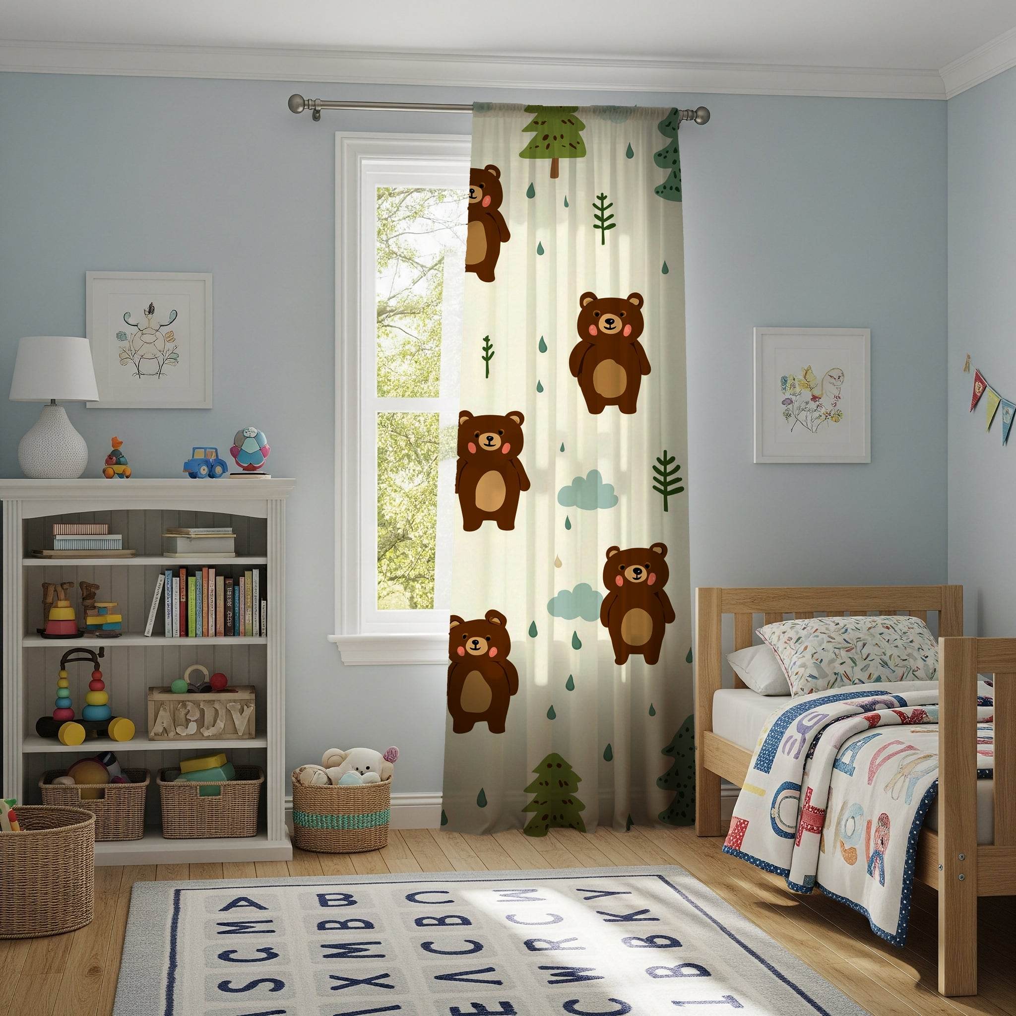Cozy Woodland Bear Window Curtain | Cute Kids Room Decor, Nursery Drapes, Forest Theme, Animal Prints, Kid-Friendly - Home Decor -
