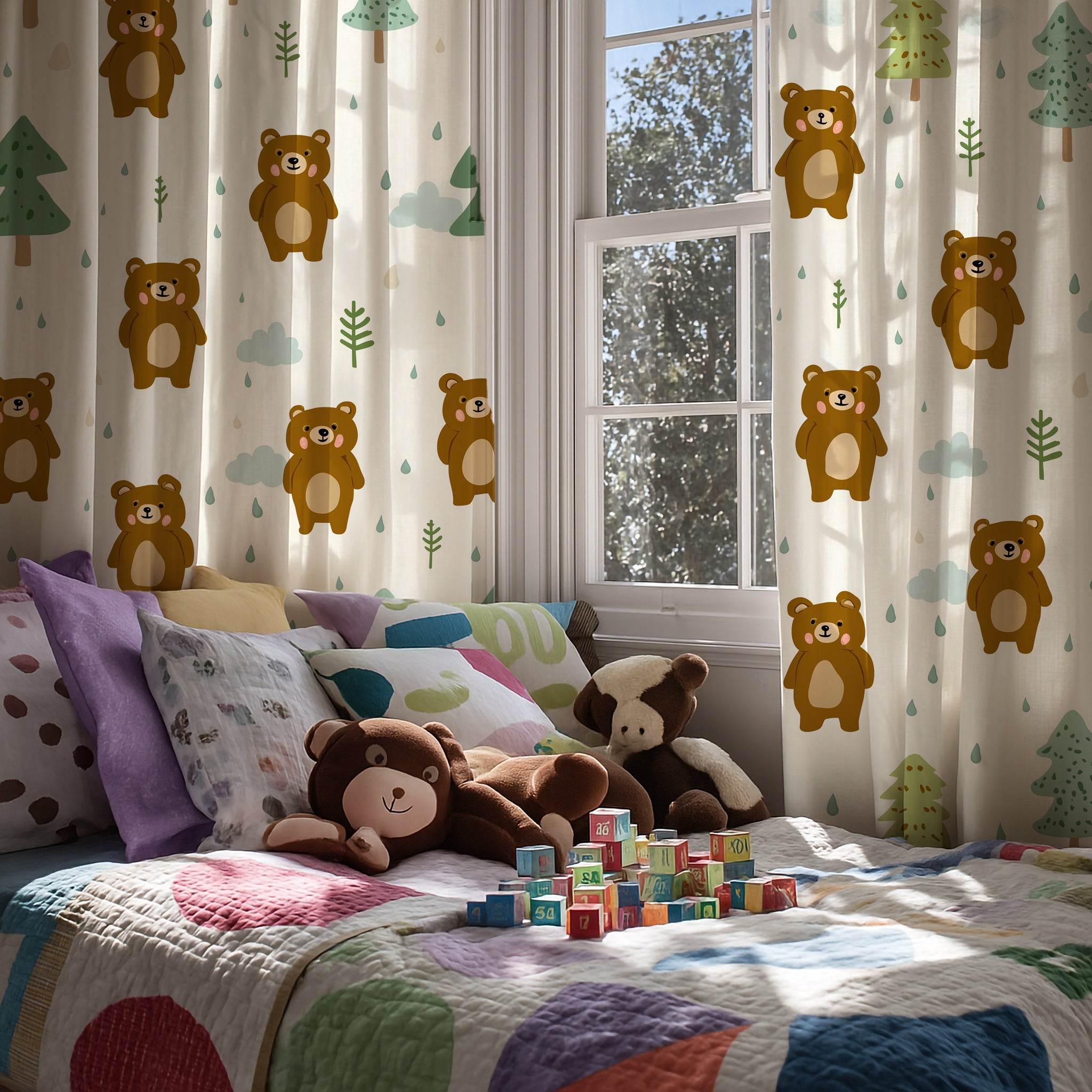 Cozy Woodland Bear Window Curtain | Cute Kids Room Decor, Nursery Drapes, Forest Theme, Animal Prints, Kid-Friendly - Home Decor -