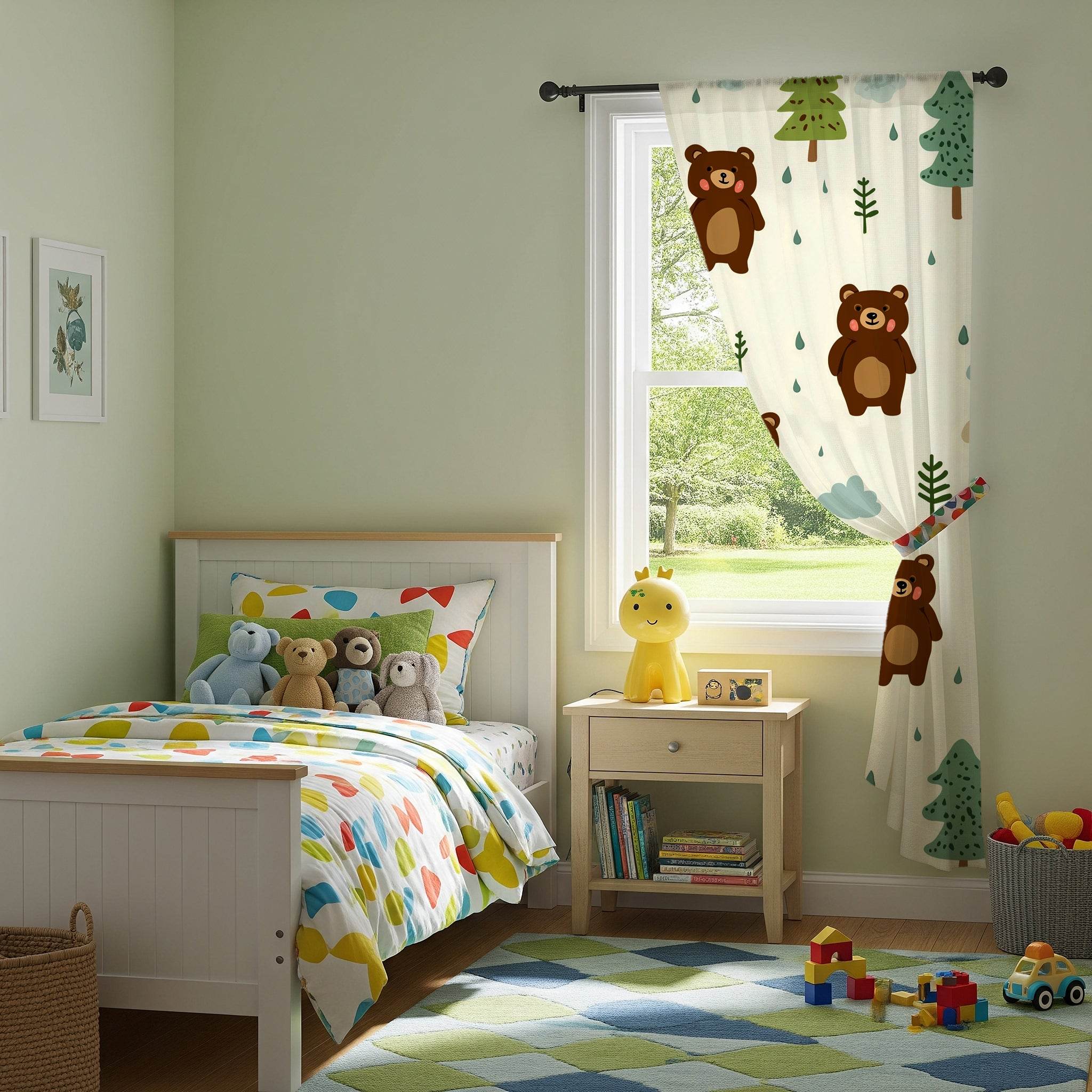 Cozy Woodland Bear Window Curtain | Cute Kids Room Decor, Nursery Drapes, Forest Theme, Animal Prints, Kid-Friendly - Home Decor -