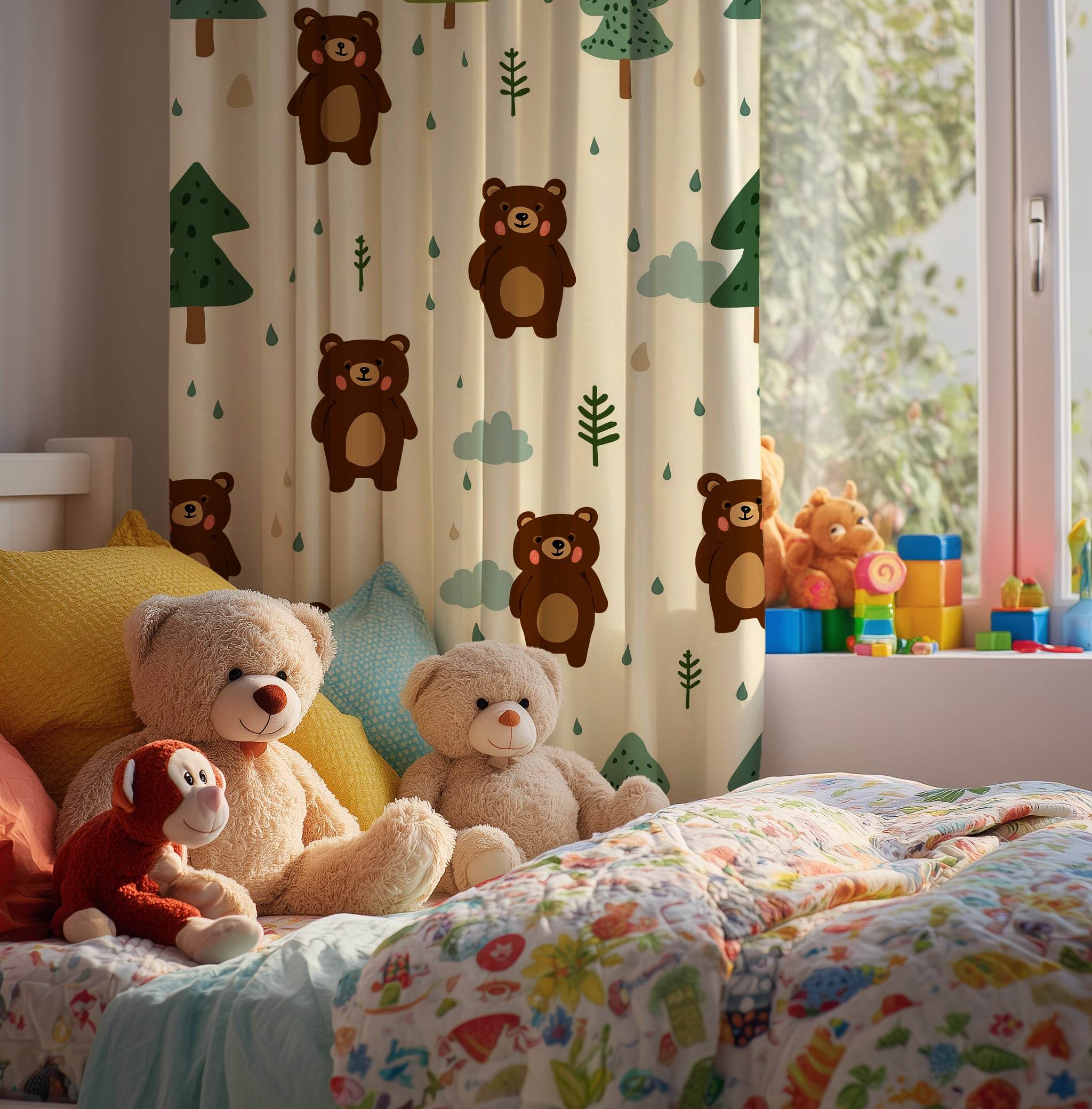 Cozy Woodland Bear Window Curtain | Cute Kids Room Decor, Nursery Drapes, Forest Theme, Animal Prints, Kid-Friendly - Home Decor -