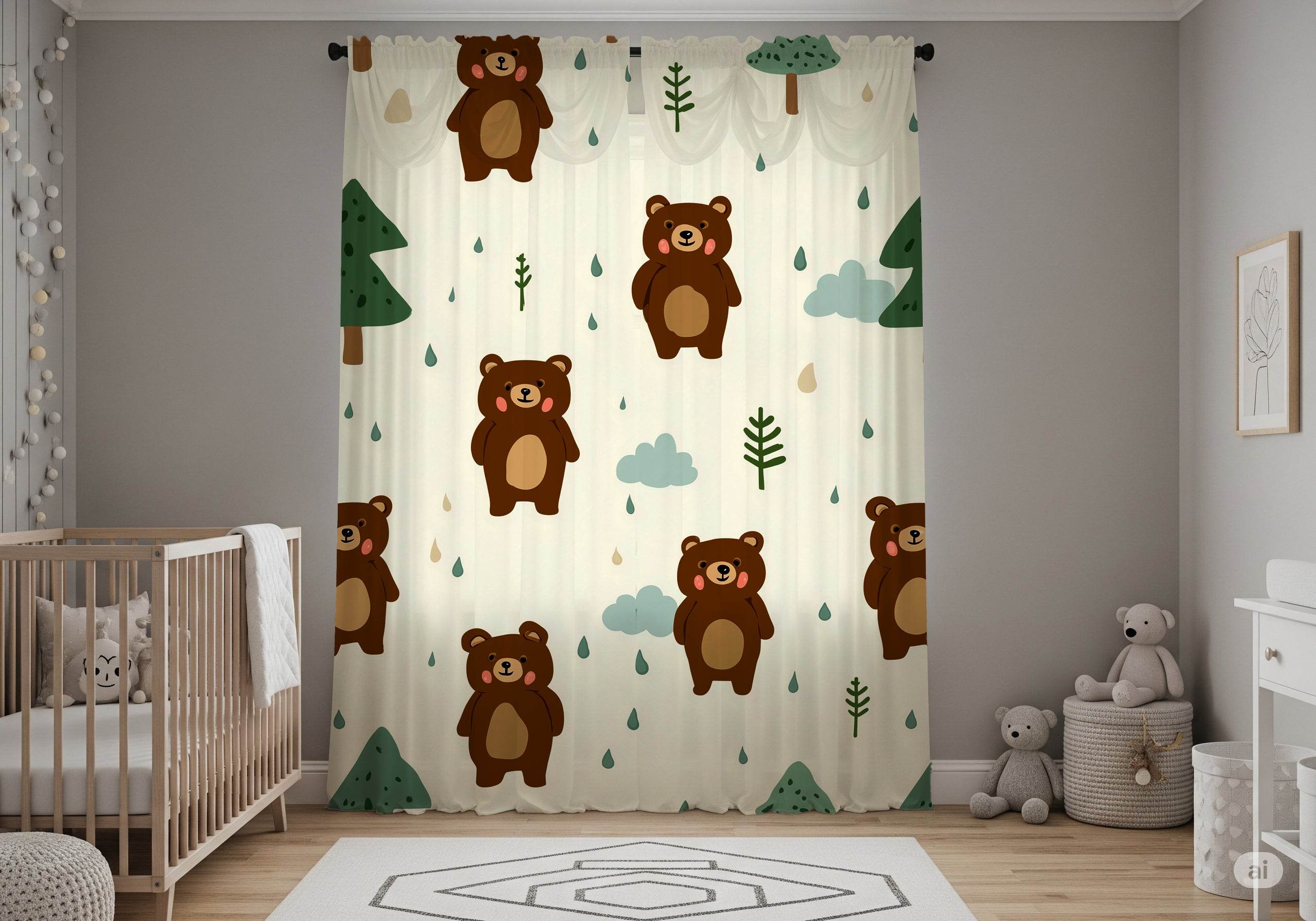 Cozy Woodland Bear Window Curtain | Cute Kids Room Decor, Nursery Drapes, Forest Theme, Animal Prints, Kid-Friendly - Home Decor -