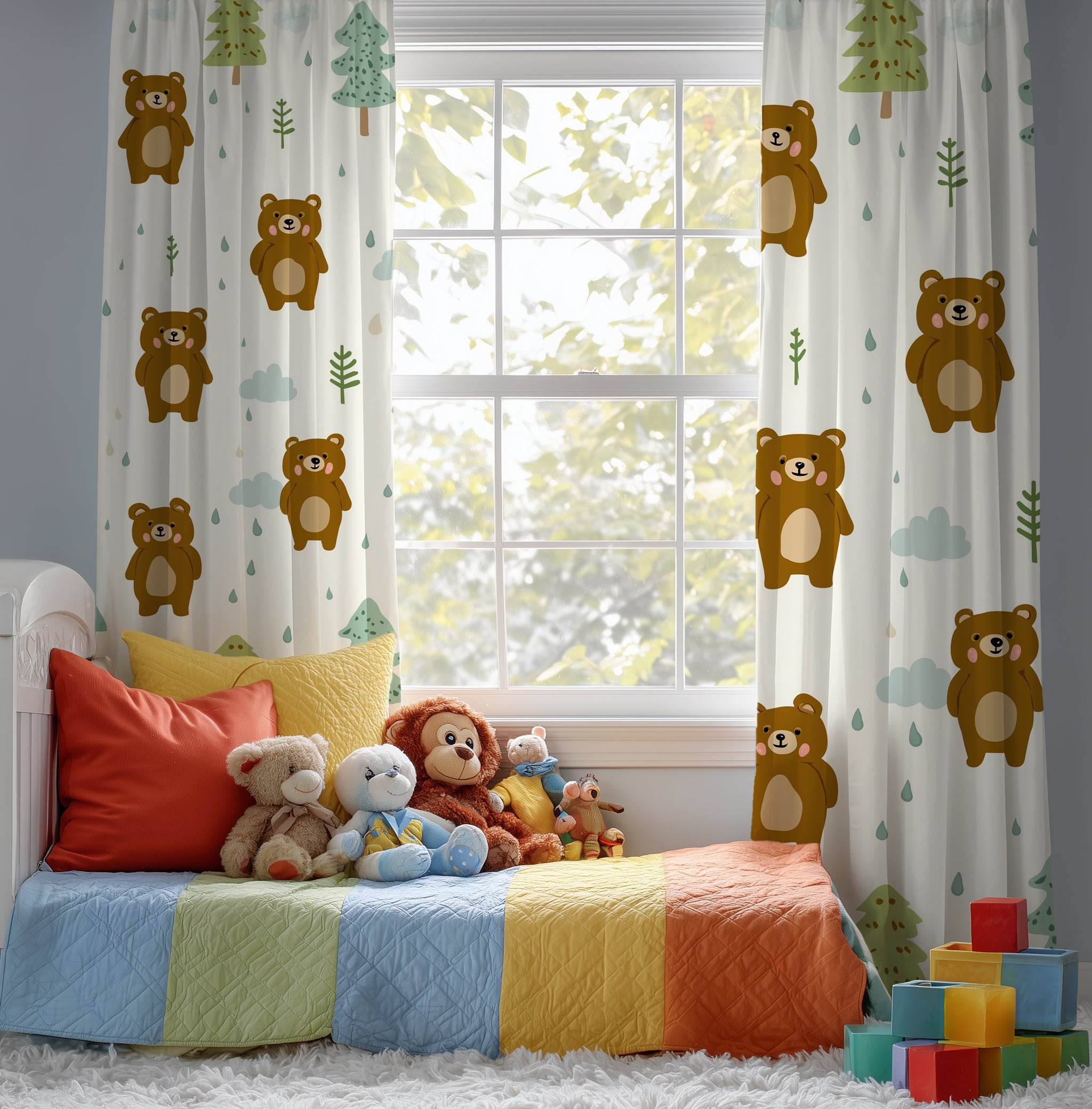 Cozy Woodland Bear Window Curtain | Cute Kids Room Decor, Nursery Drapes, Forest Theme, Animal Prints, Kid-Friendly - Home Decor -