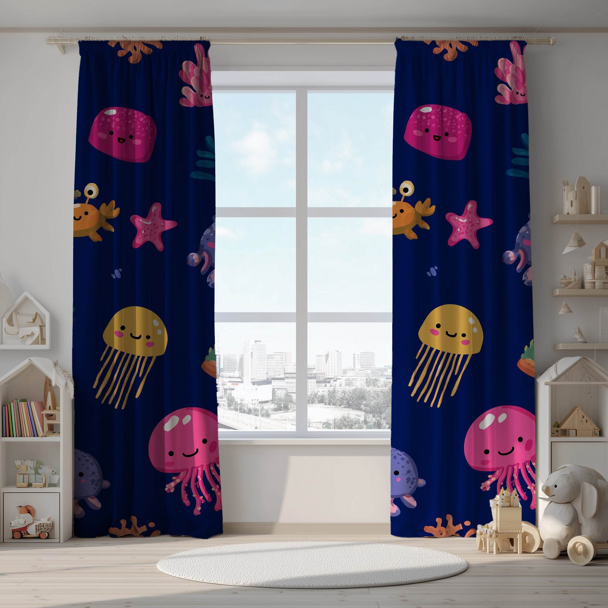 Colorful Ocean Creatures Window Curtain, Kids Room Decor, Nautical Theme Curtain, Jellyfish Design, Playful Home Accent, Underwater Vibe - Home Decor -
