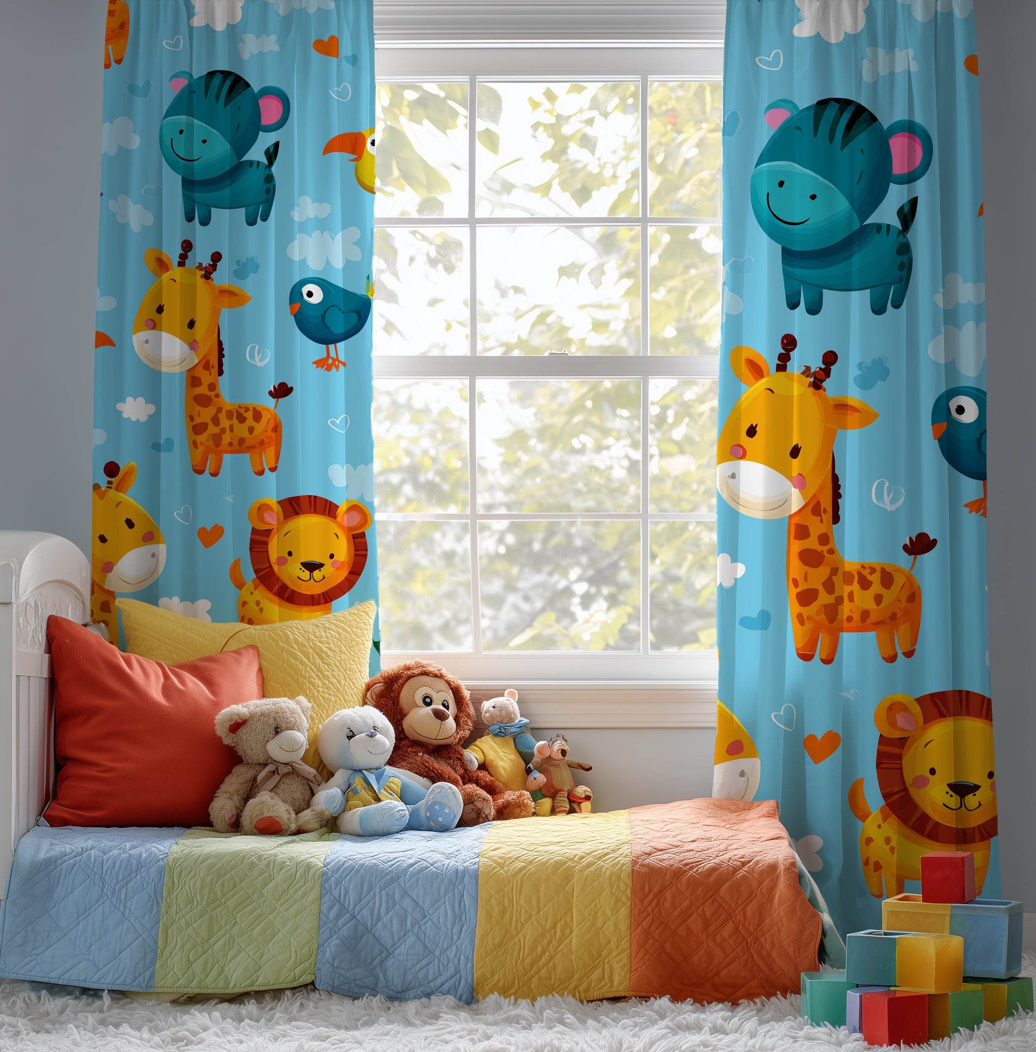 Colorful Animal-Themed Window Curtain, Kids Room Decor, Nursery Curtains, Playroom Decoration, Fun Jungle Design for Baby Showers - Home Decor -