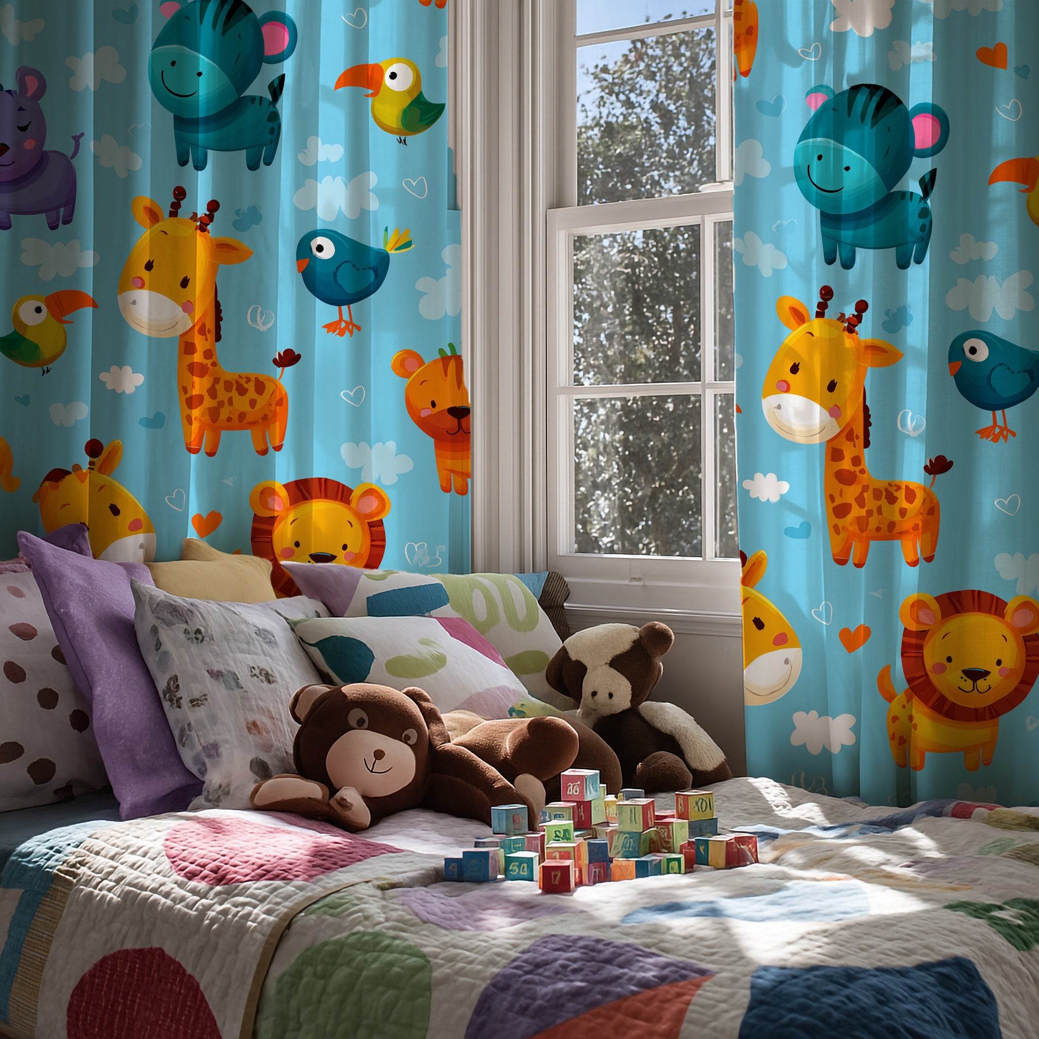 Colorful Animal-Themed Window Curtain, Kids Room Decor, Nursery Curtains, Playroom Decoration, Fun Jungle Design for Baby Showers - Home Decor -