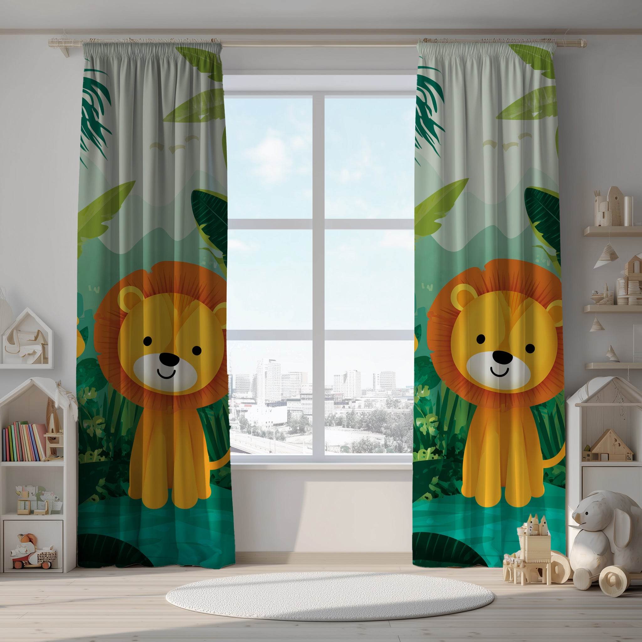 Jungle Animal Window Curtain, Kids Room Decor, Playful Lion Design, Nursery Drapes, Wildlife Theme - Home Decor -