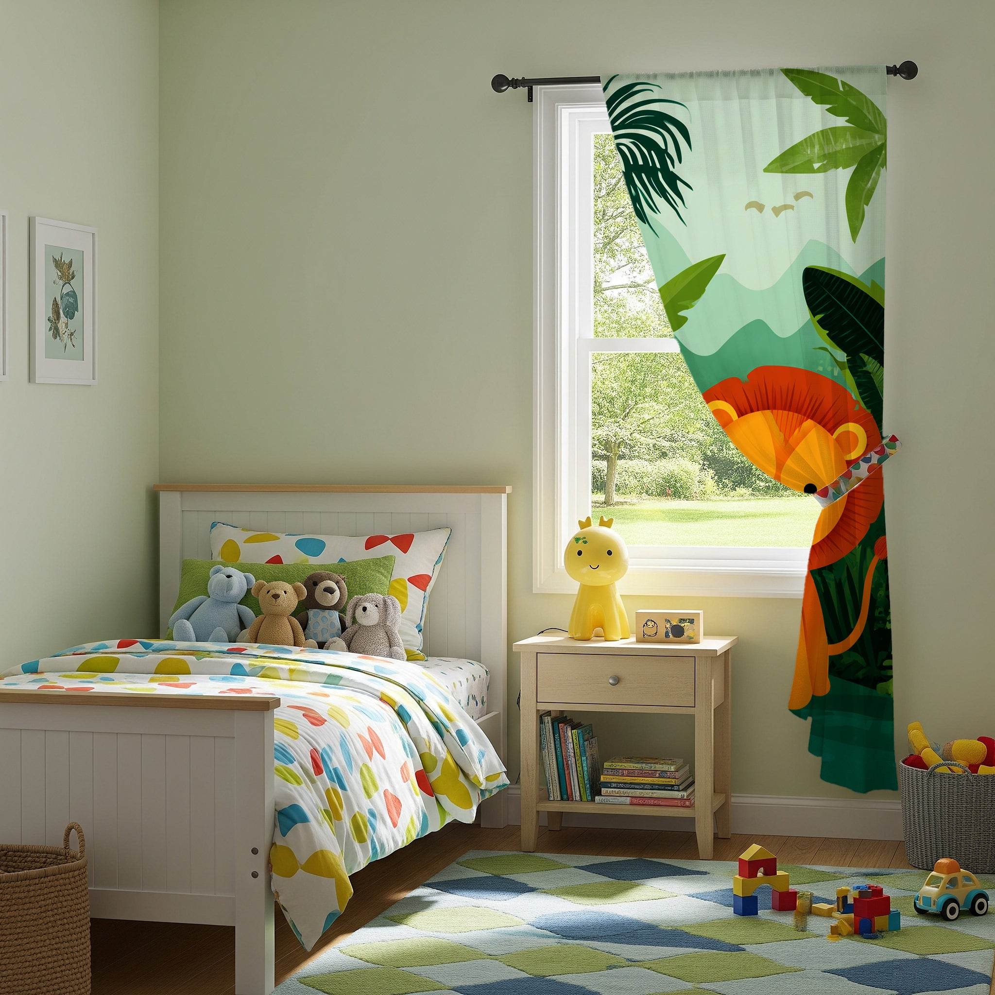 Jungle Animal Window Curtain, Kids Room Decor, Playful Lion Design, Nursery Drapes, Wildlife Theme - Home Decor -