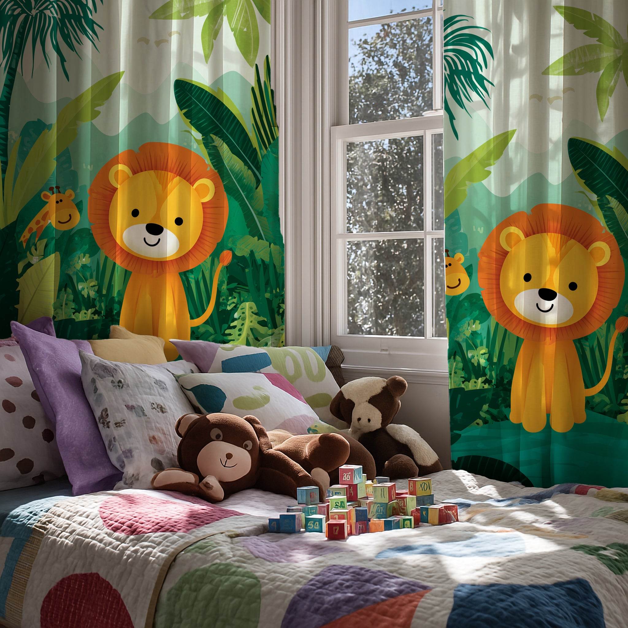 Jungle Animal Window Curtain, Kids Room Decor, Playful Lion Design, Nursery Drapes, Wildlife Theme - Home Decor -