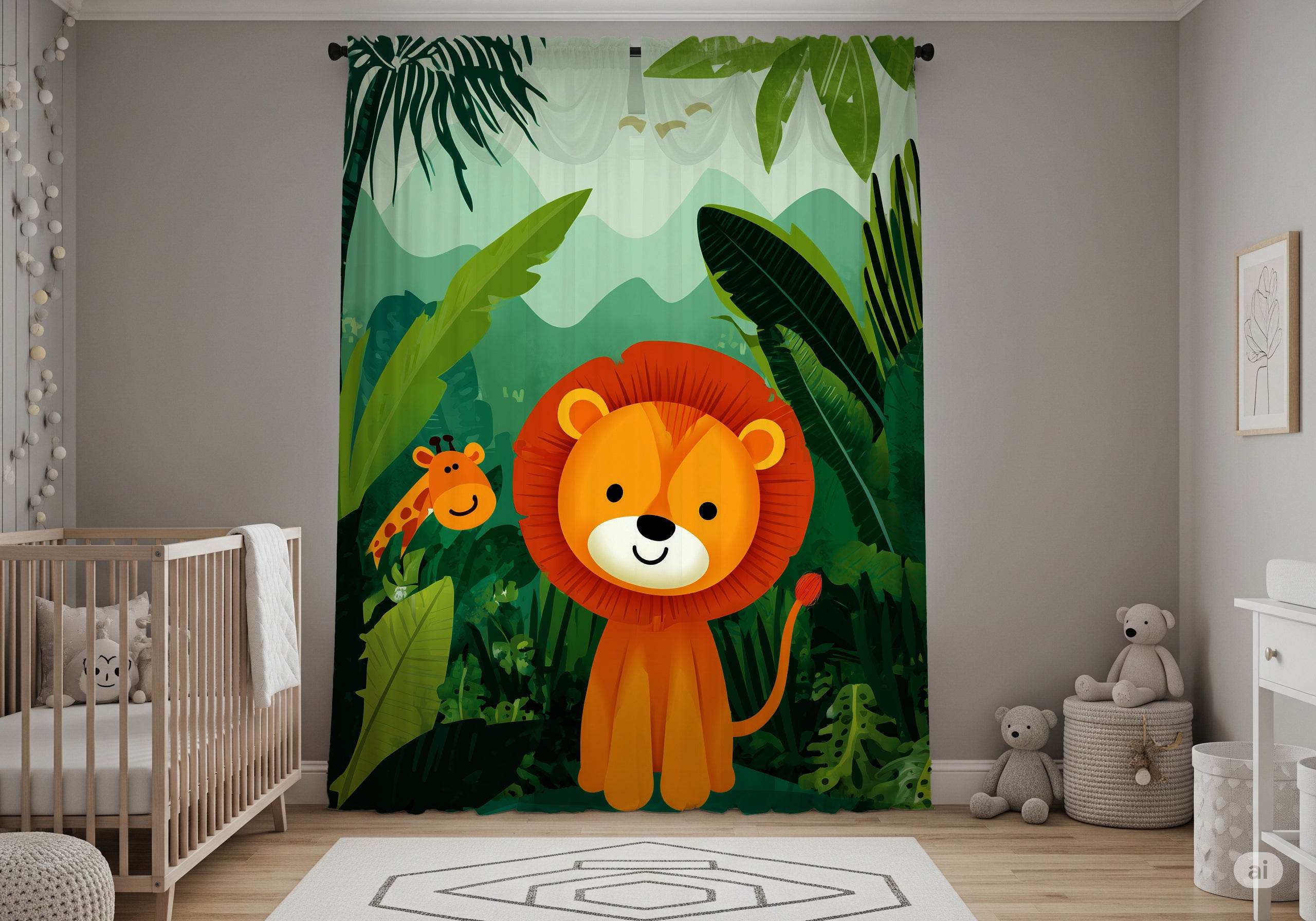 Jungle Animal Window Curtain, Kids Room Decor, Playful Lion Design, Nursery Drapes, Wildlife Theme - Home Decor -