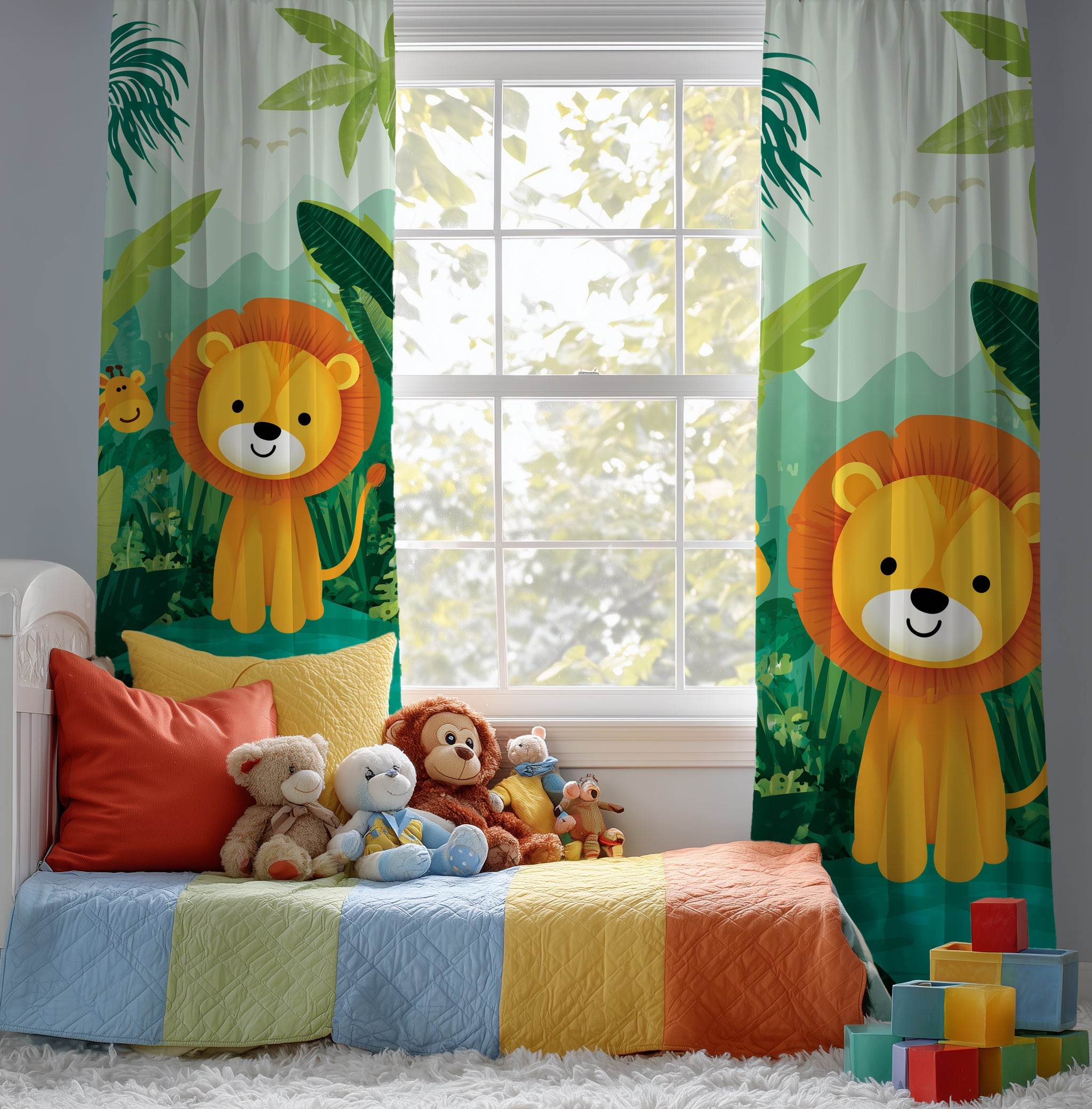 Jungle Animal Window Curtain, Kids Room Decor, Playful Lion Design, Nursery Drapes, Wildlife Theme - Home Decor -