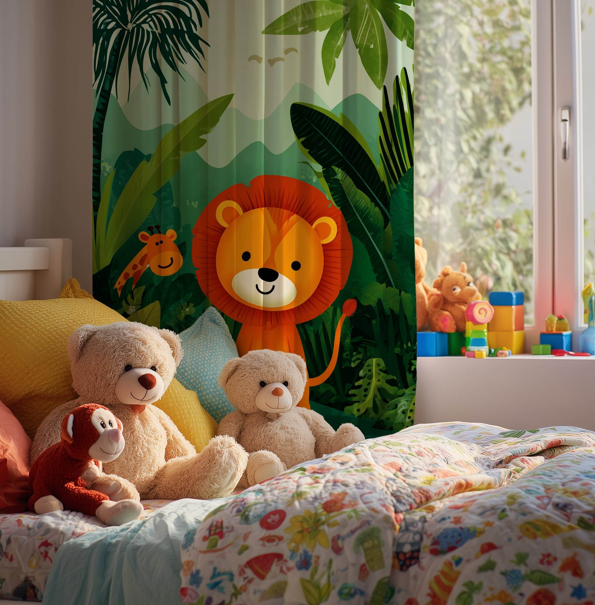 Jungle Animal Window Curtain, Kids Room Decor, Playful Lion Design, Nursery Drapes, Wildlife Theme - Home Decor -