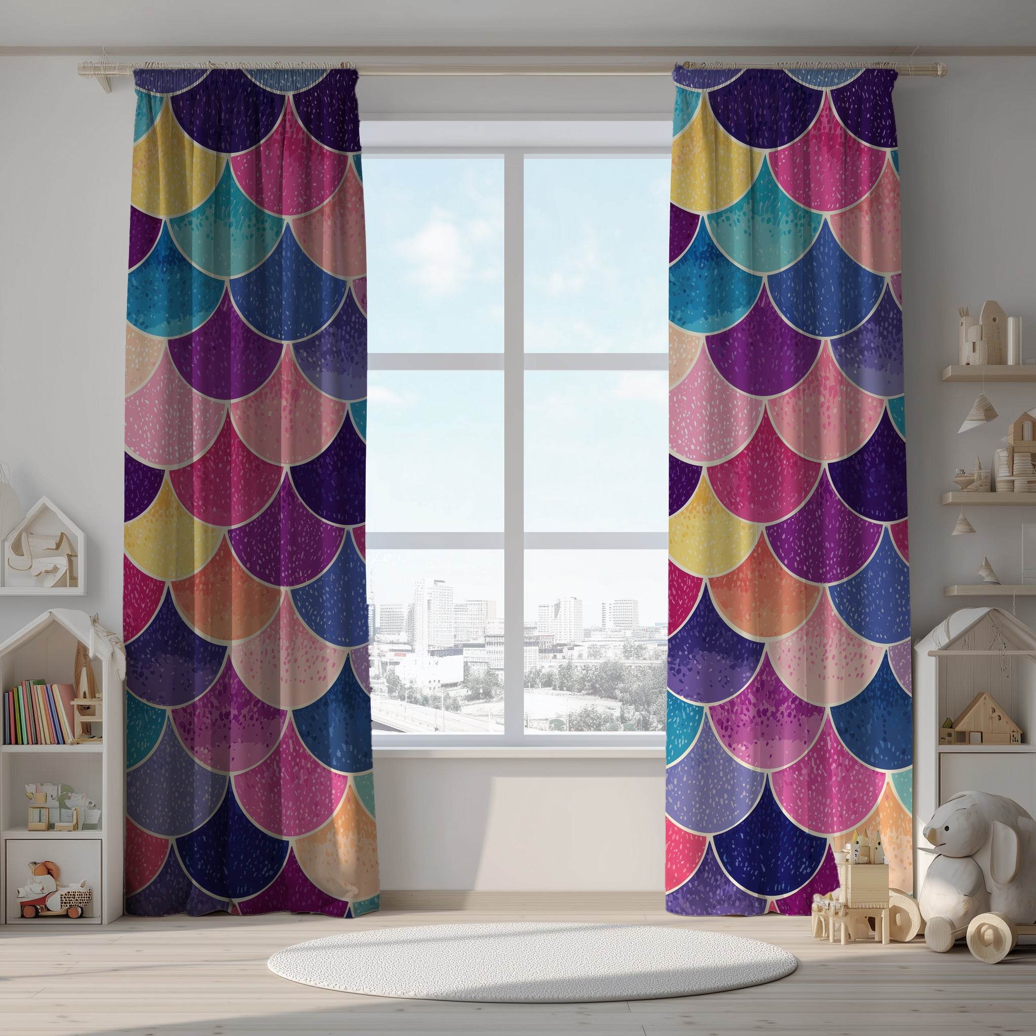 Vibrant Mermaid Scales Window Curtain | Boho Chic Home Decor, Colorful Curtain Panel, Nautical Theme Curtains, Beach House Style - Home Decor -