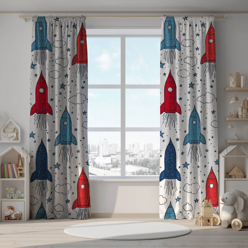 Rocket Ship Window Curtain, Kids Room Decor, Space Themed Curtain, Nursery Lighting, Playroom Accessories - Home Decor -