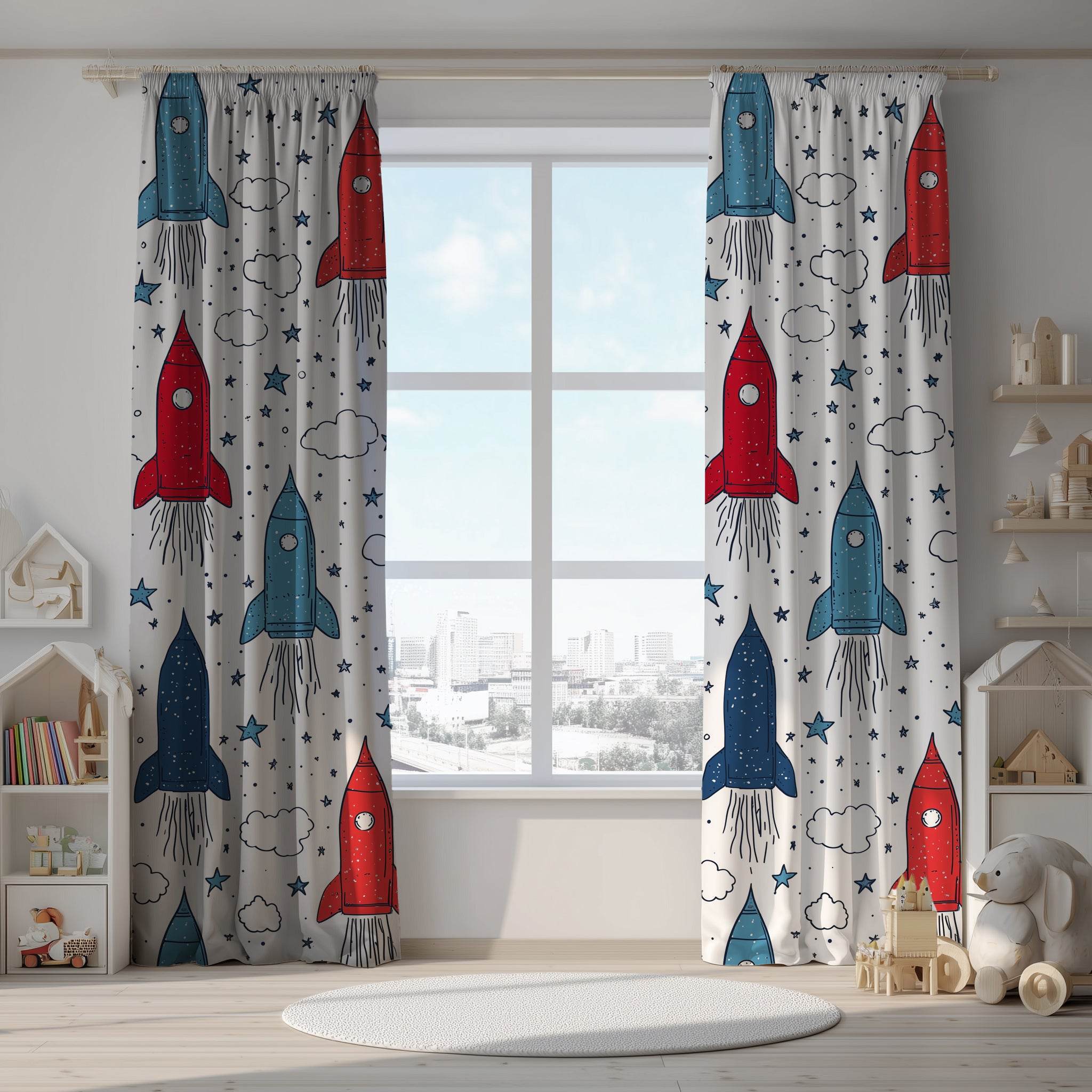 Rocket Ship Window Curtain, Kids Room Decor, Space Themed Curtain, Nursery Lighting, Playroom Accessories - Home Decor -