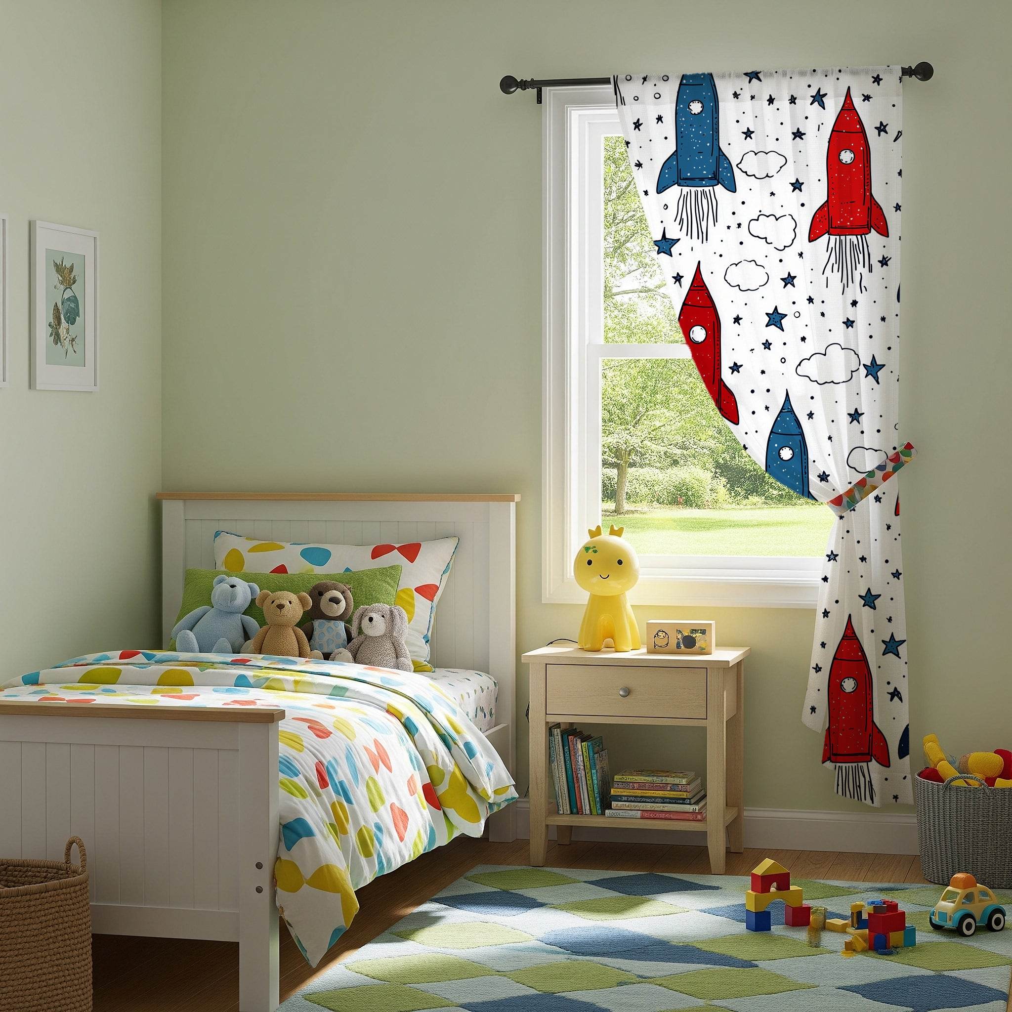 Rocket Ship Window Curtain, Kids Room Decor, Space Themed Curtain, Nursery Lighting, Playroom Accessories - Home Decor -