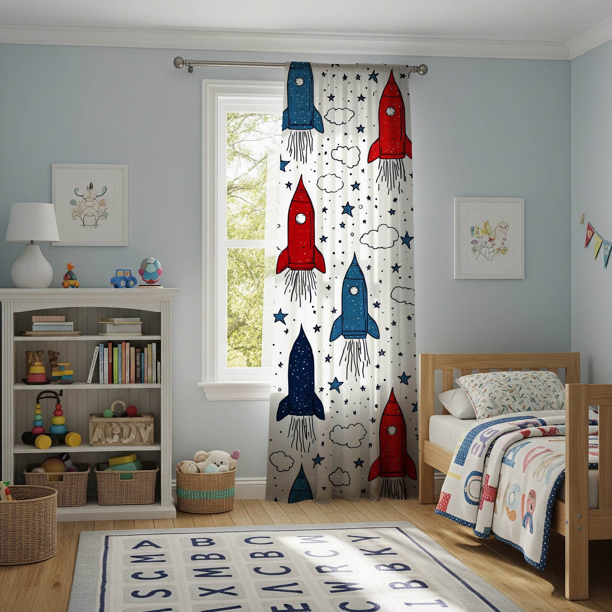 Rocket Ship Window Curtain, Kids Room Decor, Space Themed Curtain, Nursery Lighting, Playroom Accessories - Home Decor -