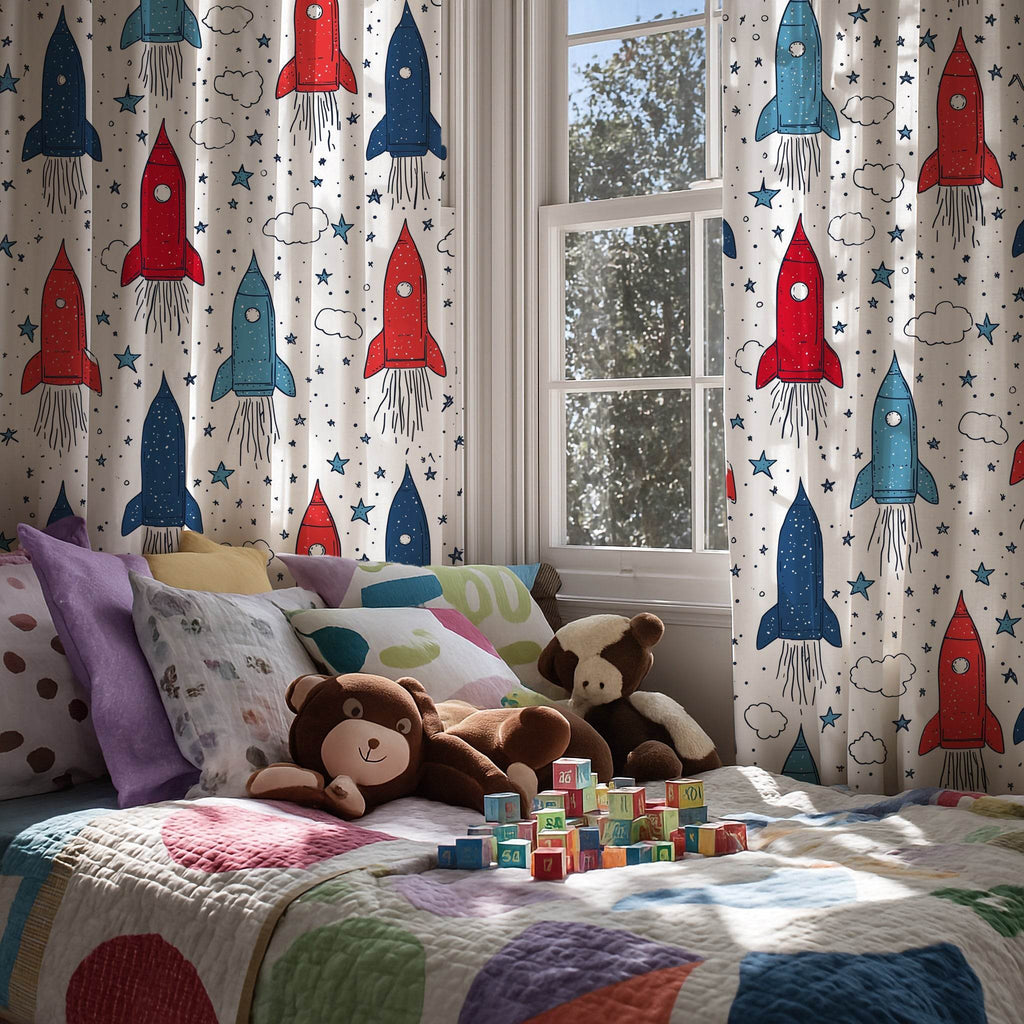 Rocket Ship Window Curtain, Kids Room Decor, Space Themed Curtain, Nursery Lighting, Playroom Accessories - Home Decor -