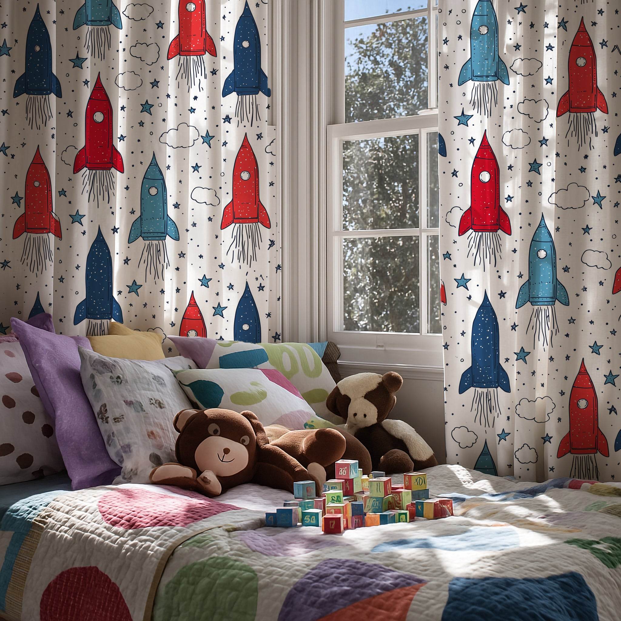 Rocket Ship Window Curtain, Kids Room Decor, Space Themed Curtain, Nursery Lighting, Playroom Accessories - Home Decor -
