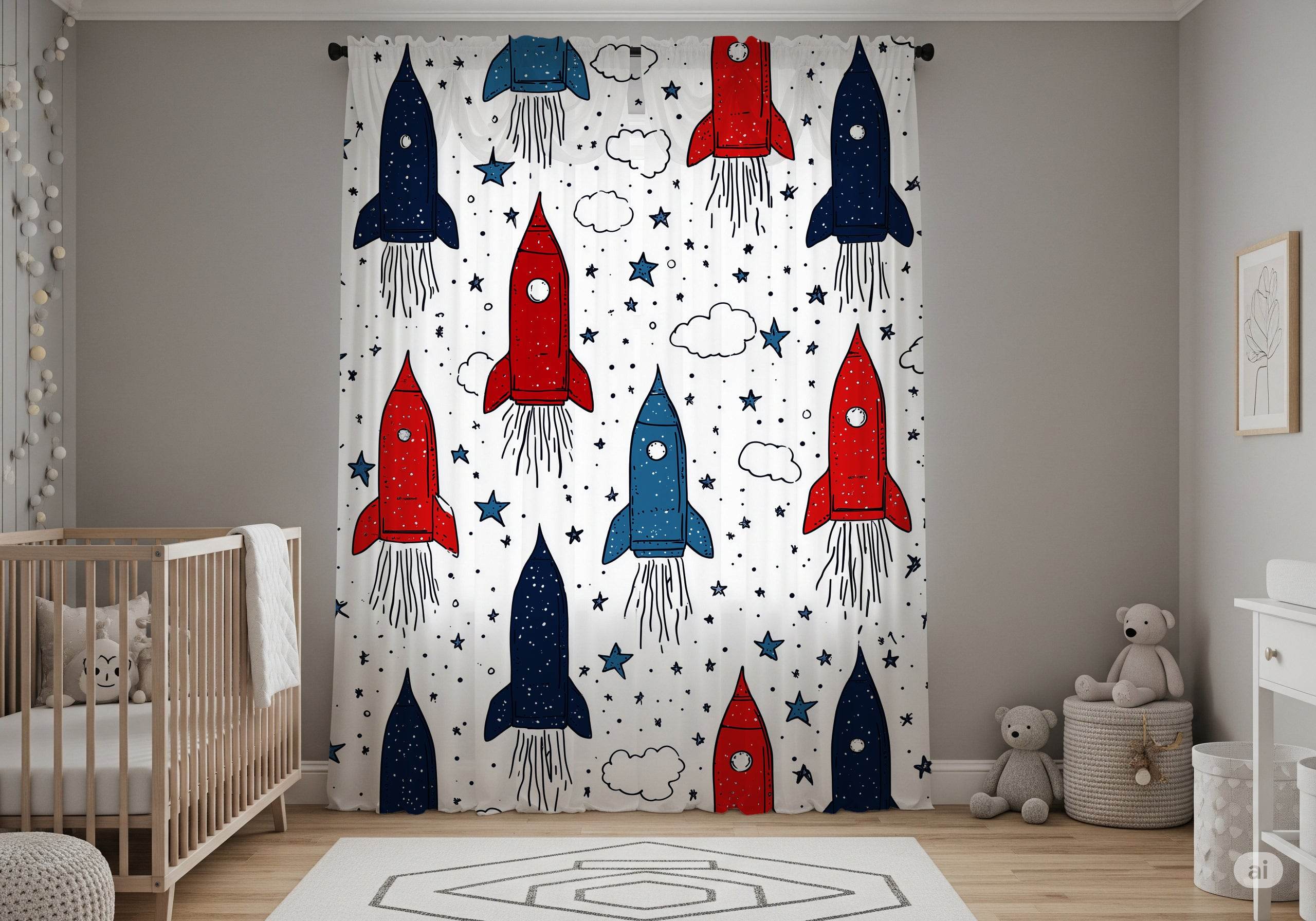Rocket Ship Window Curtain, Kids Room Decor, Space Themed Curtain, Nursery Lighting, Playroom Accessories - Home Decor -