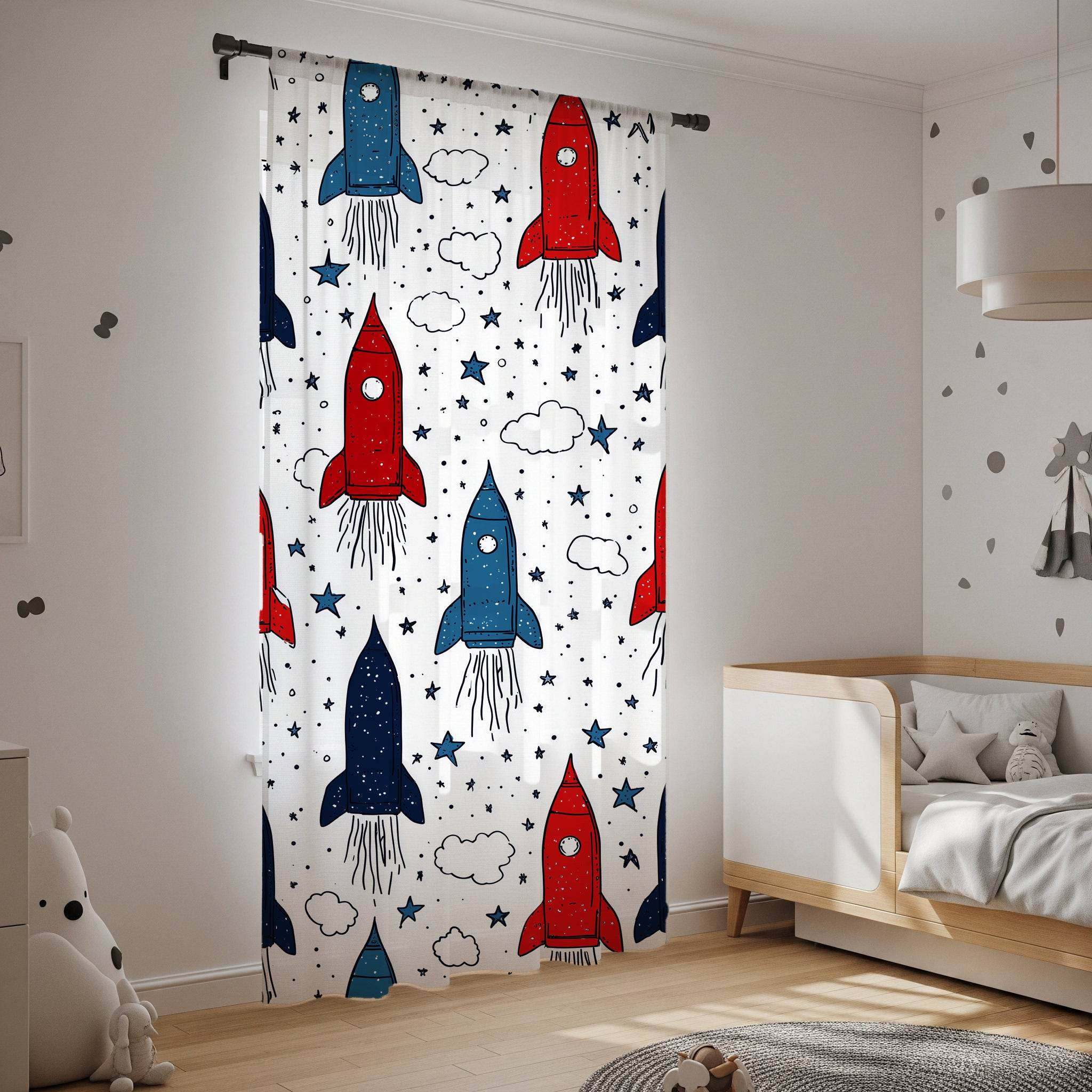 Rocket Ship Window Curtain, Kids Room Decor, Space Themed Curtain, Nursery Lighting, Playroom Accessories - Home Decor -