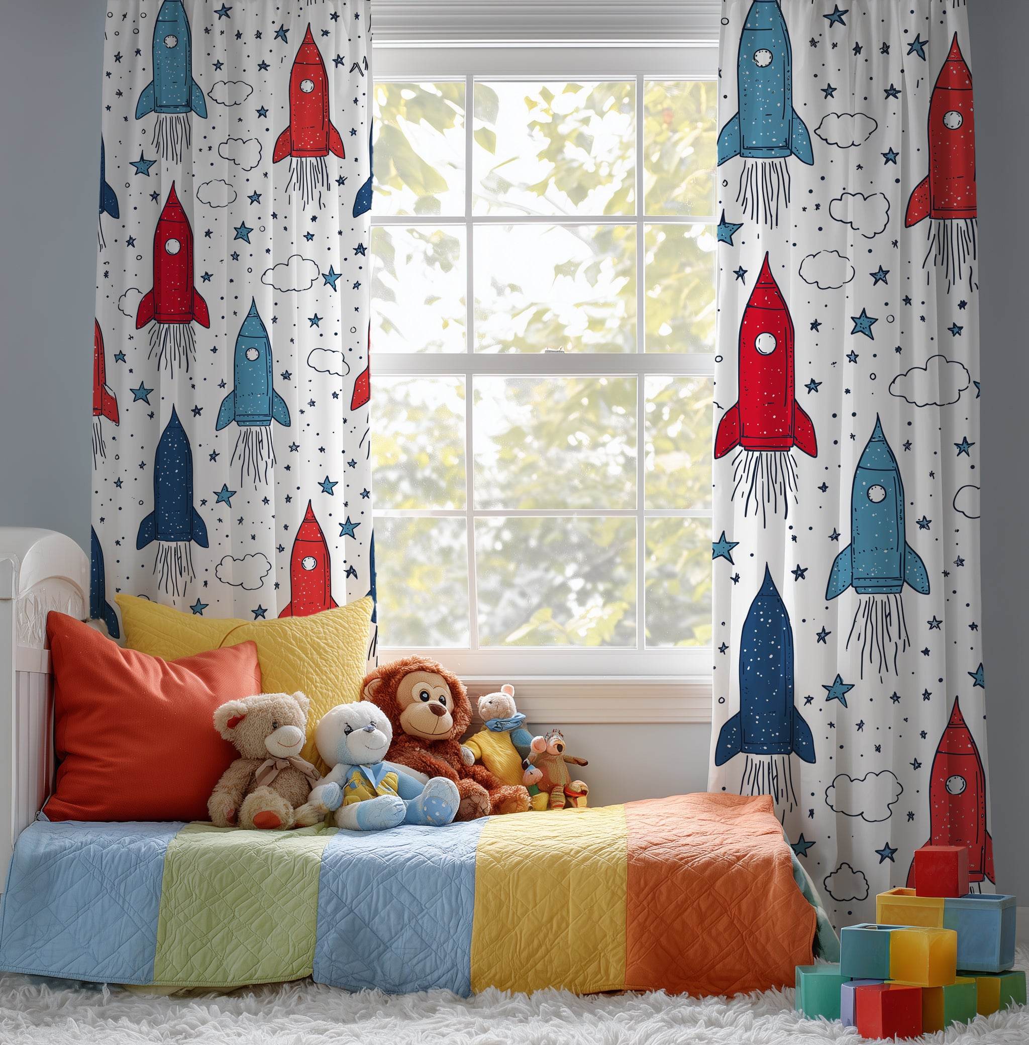 Rocket Ship Window Curtain, Kids Room Decor, Space Themed Curtain, Nursery Lighting, Playroom Accessories - Home Decor -