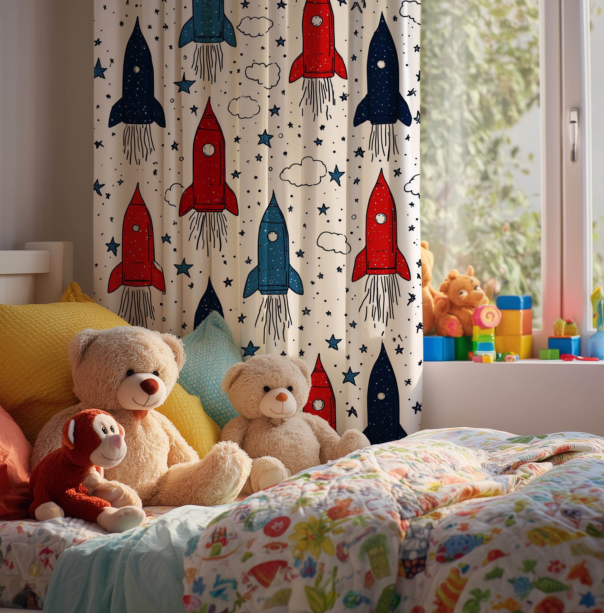 Rocket Ship Window Curtain, Kids Room Decor, Space Themed Curtain, Nursery Lighting, Playroom Accessories - Home Decor -