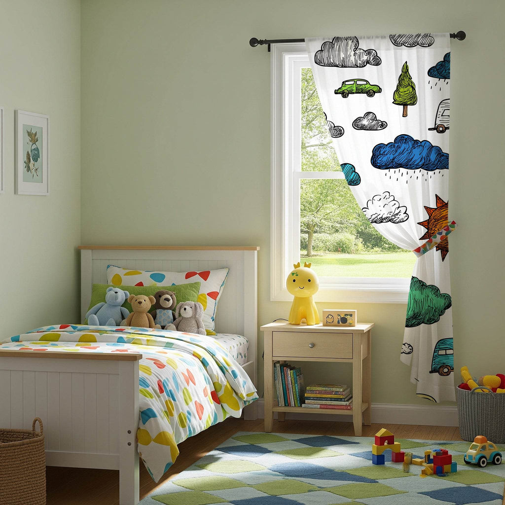Colorful Hand-Drawn Car & Cloud Window Curtain - Home Decor -