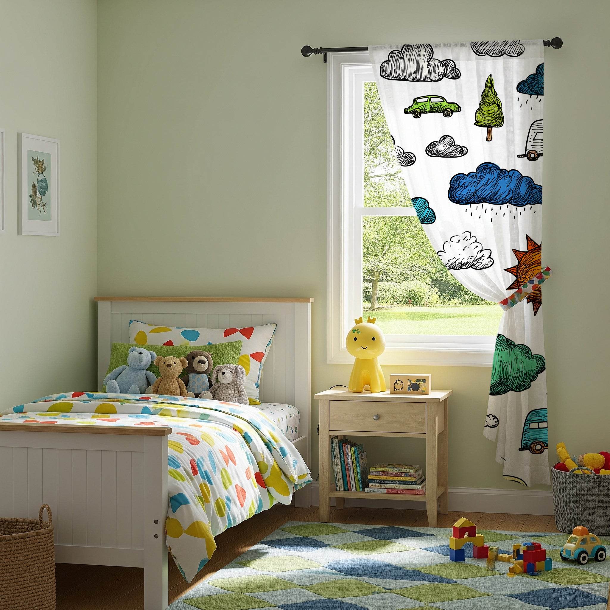 Colorful Hand-Drawn Car & Cloud Window Curtain - Home Decor -