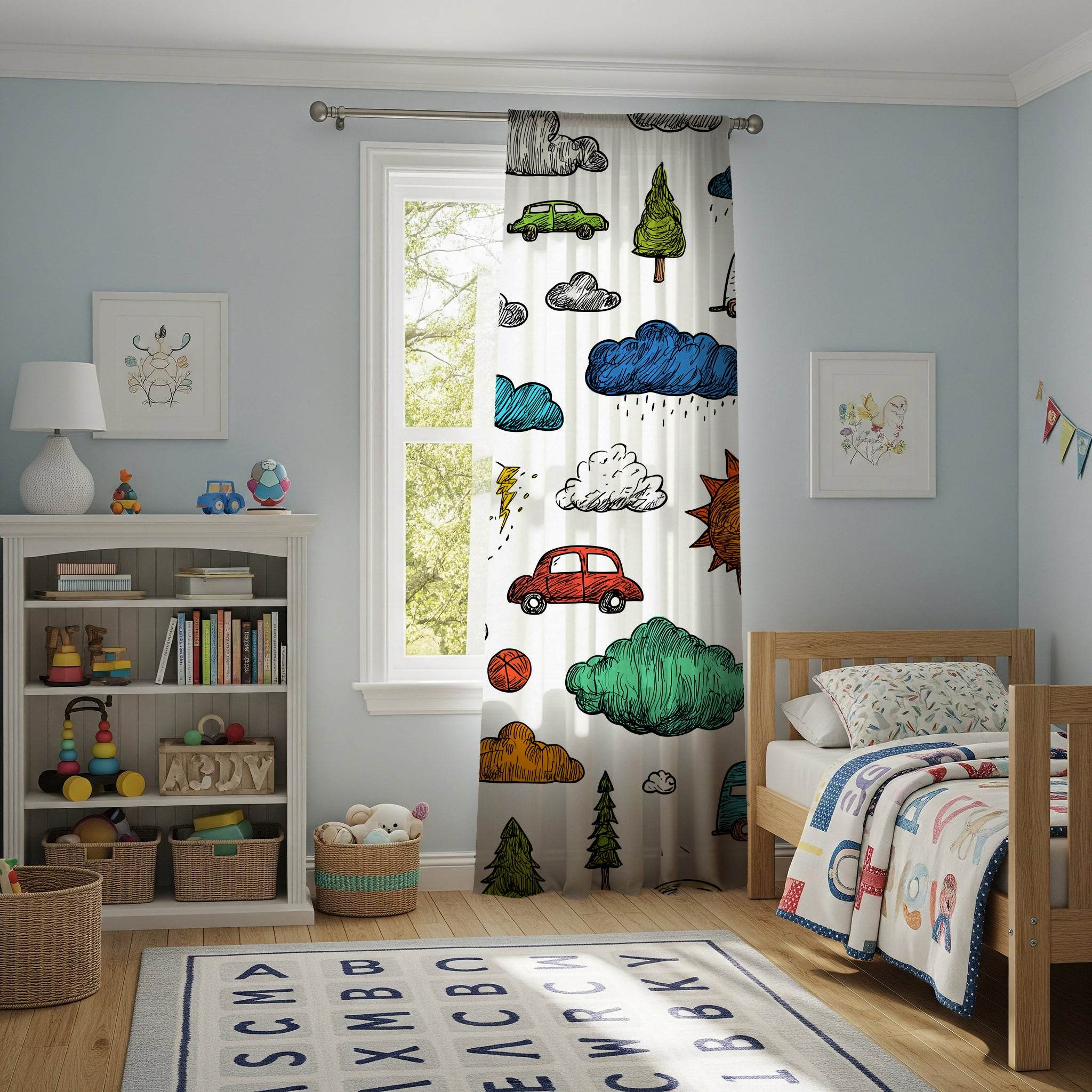 Colorful Hand-Drawn Car & Cloud Window Curtain - Home Decor -