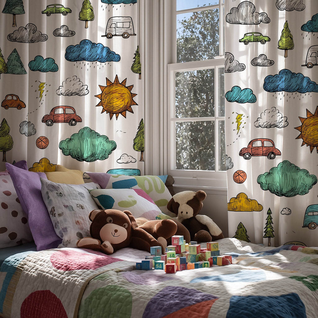 Colorful Hand-Drawn Car & Cloud Window Curtain - Home Decor -