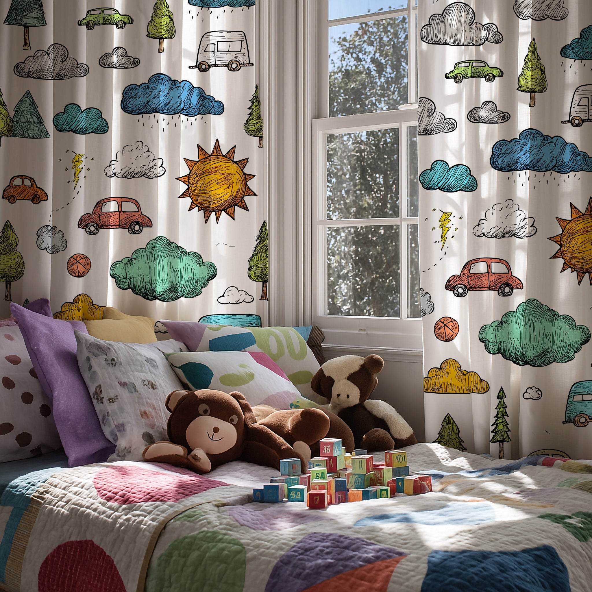 Colorful Hand-Drawn Car & Cloud Window Curtain - Home Decor -