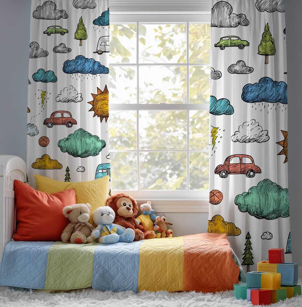 Colorful Hand-Drawn Car & Cloud Window Curtain - Home Decor -
