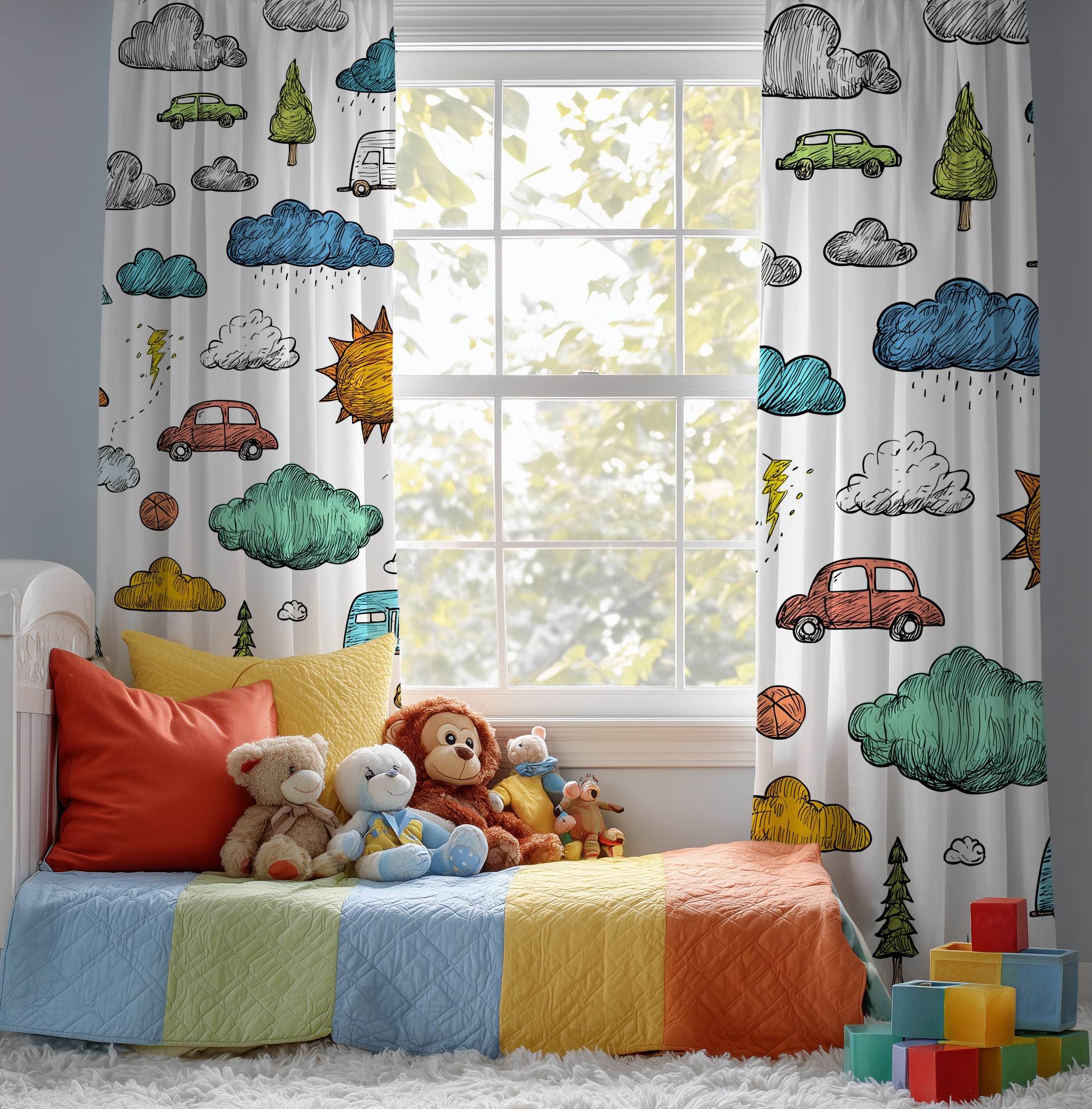 Colorful Hand-Drawn Car & Cloud Window Curtain - Home Decor -
