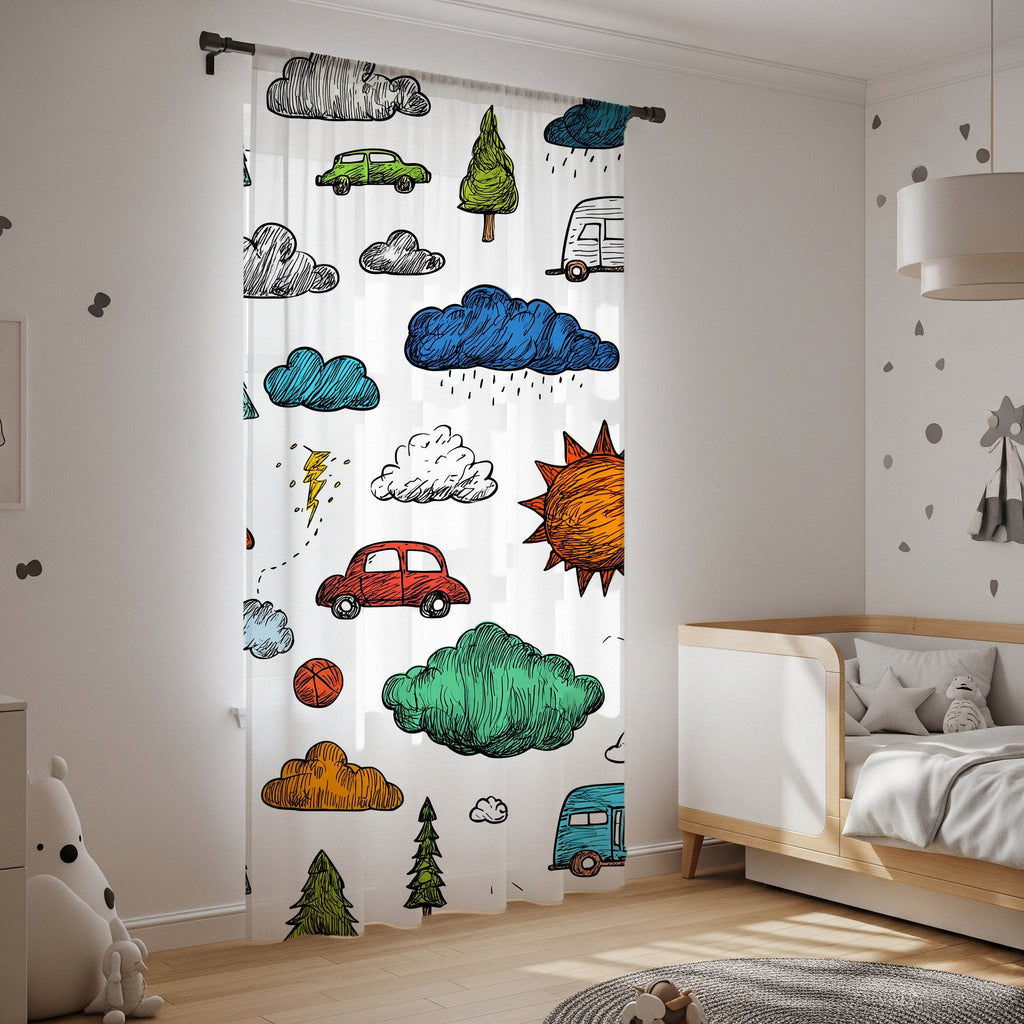 Colorful Hand-Drawn Car & Cloud Window Curtain - Home Decor -