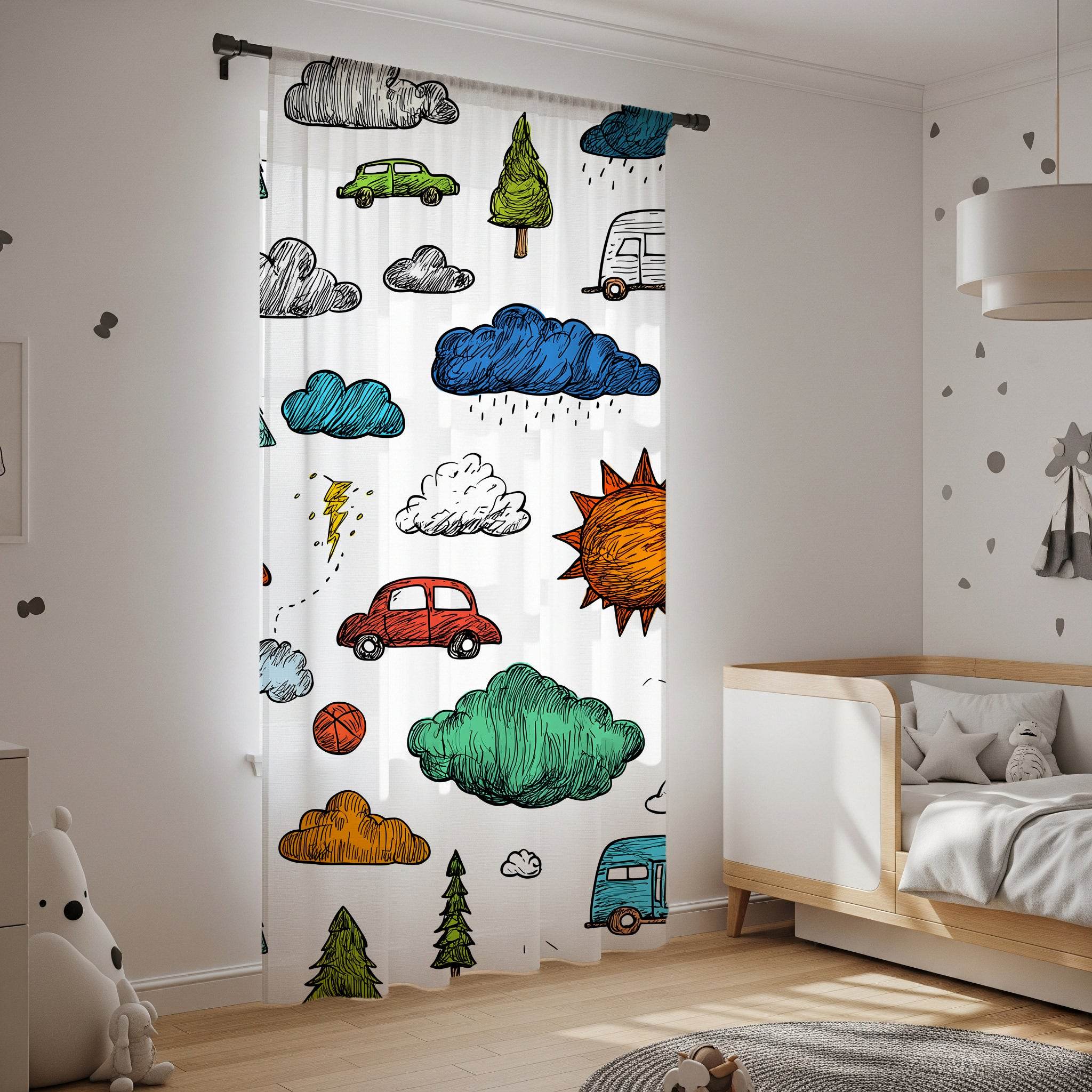 Colorful Hand-Drawn Car & Cloud Window Curtain - Home Decor -
