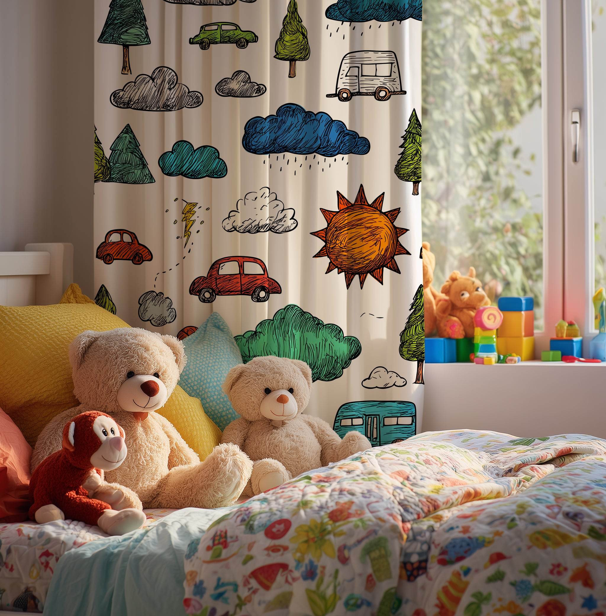 Colorful Hand-Drawn Car & Cloud Window Curtain - Home Decor -