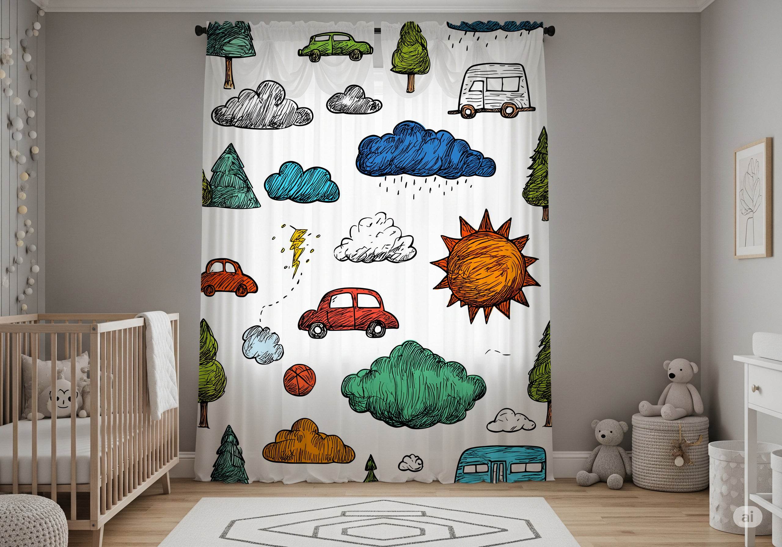 Colorful Hand-Drawn Car & Cloud Window Curtain - Home Decor -