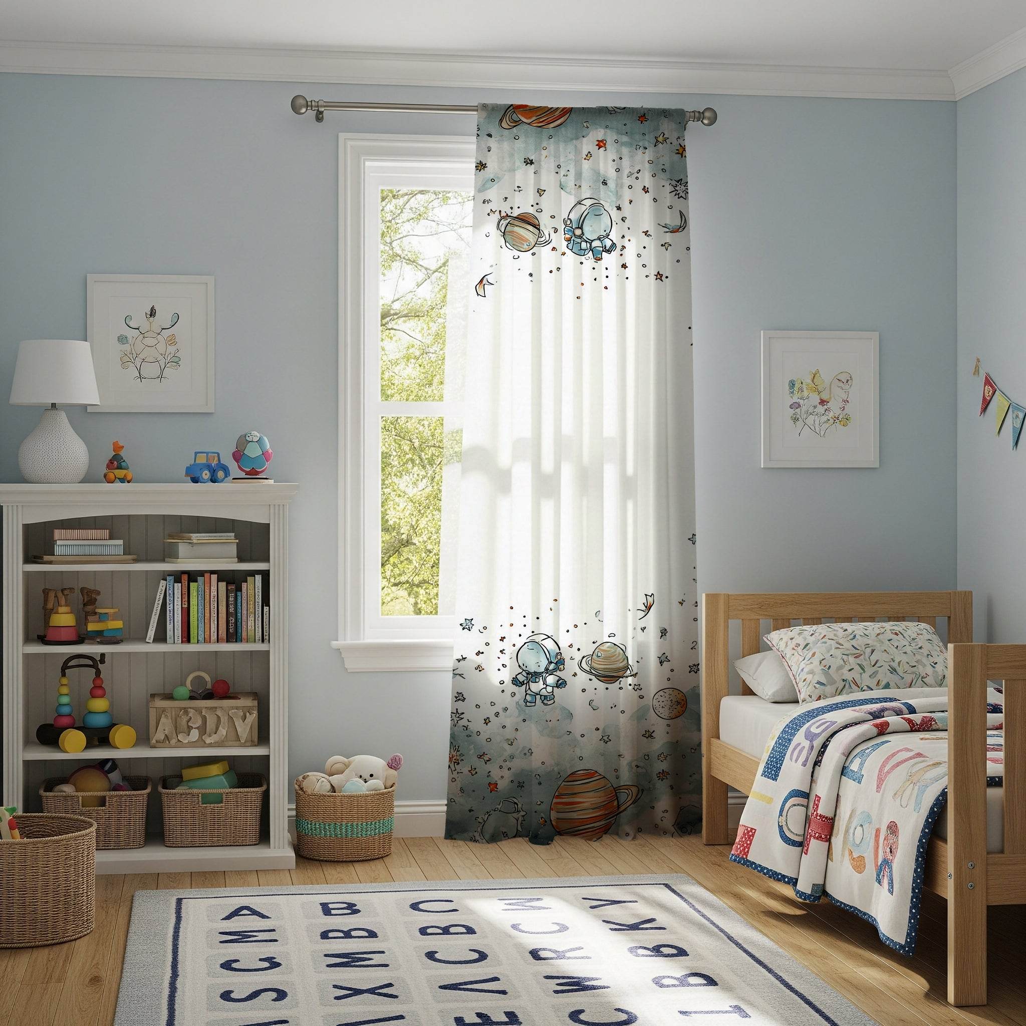 Whimsical Spaceman & Planet Window Curtain with a Touch of Color - Home Decor -