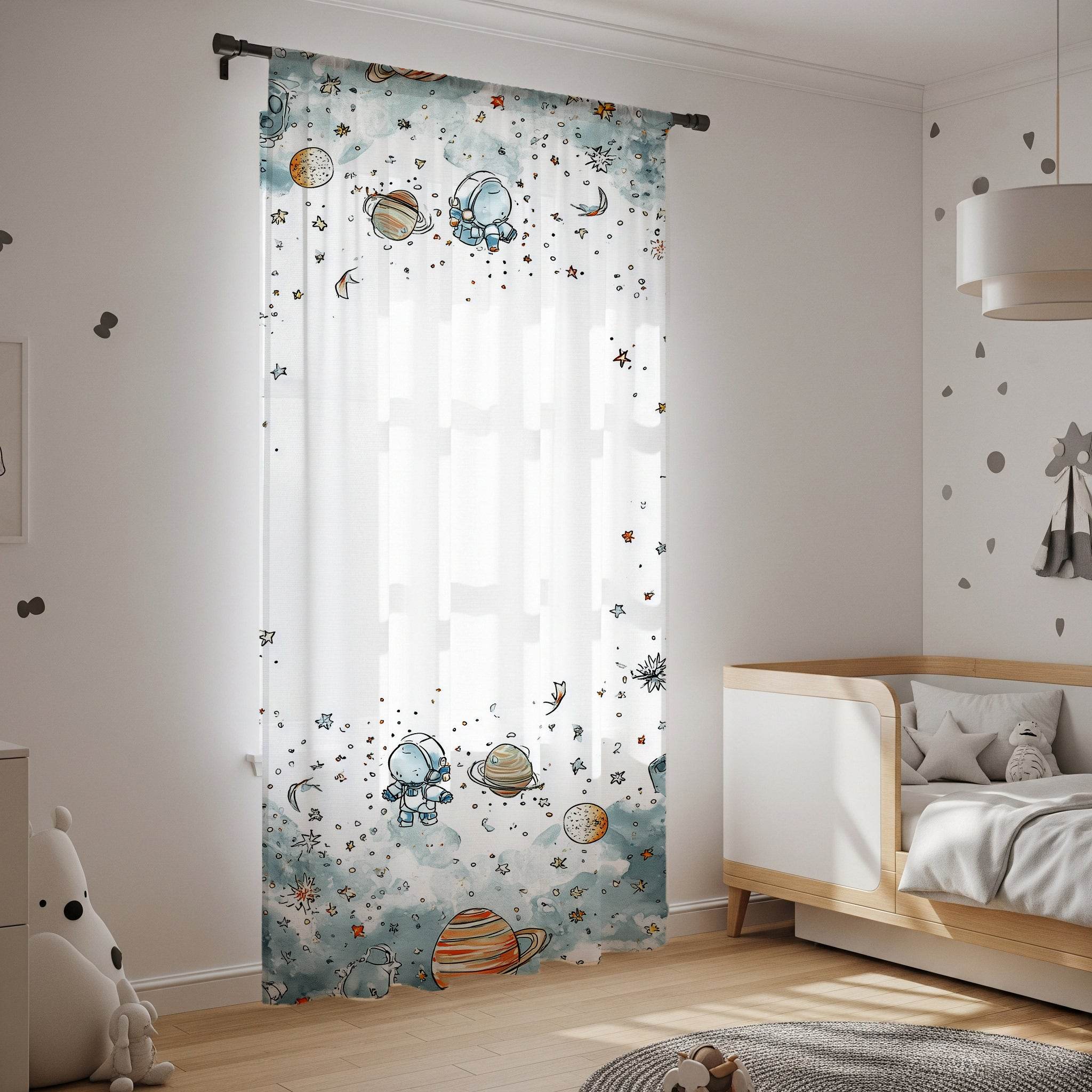 Whimsical Spaceman & Planet Window Curtain with a Touch of Color - Home Decor -