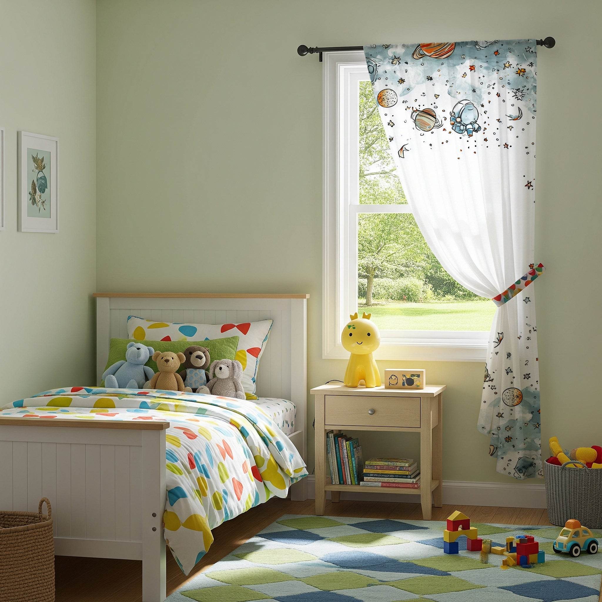 Whimsical Spaceman & Planet Window Curtain with a Touch of Color - Home Decor -