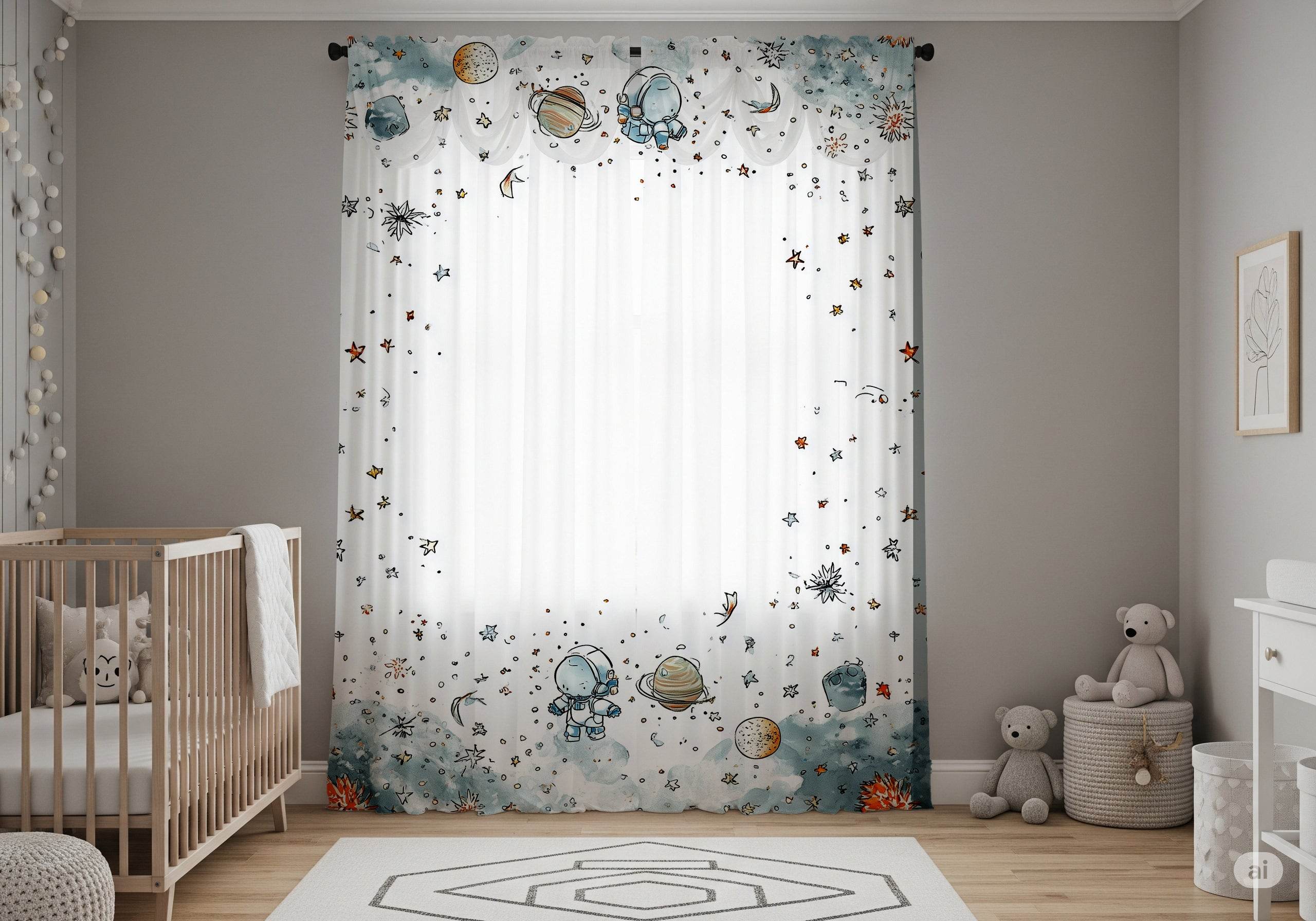 Whimsical Spaceman & Planet Window Curtain with a Touch of Color - Home Decor -