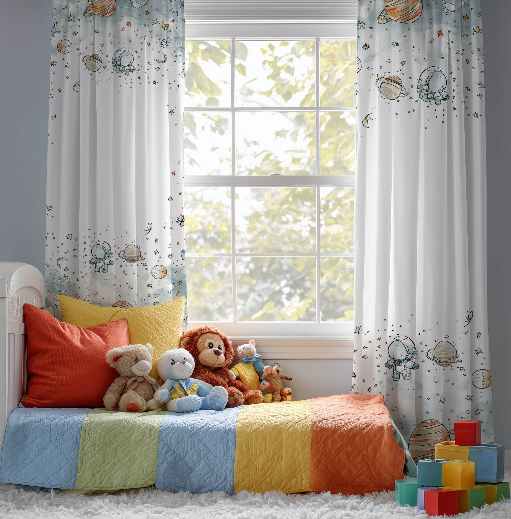 Whimsical Spaceman & Planet Window Curtain with a Touch of Color - Home Decor -