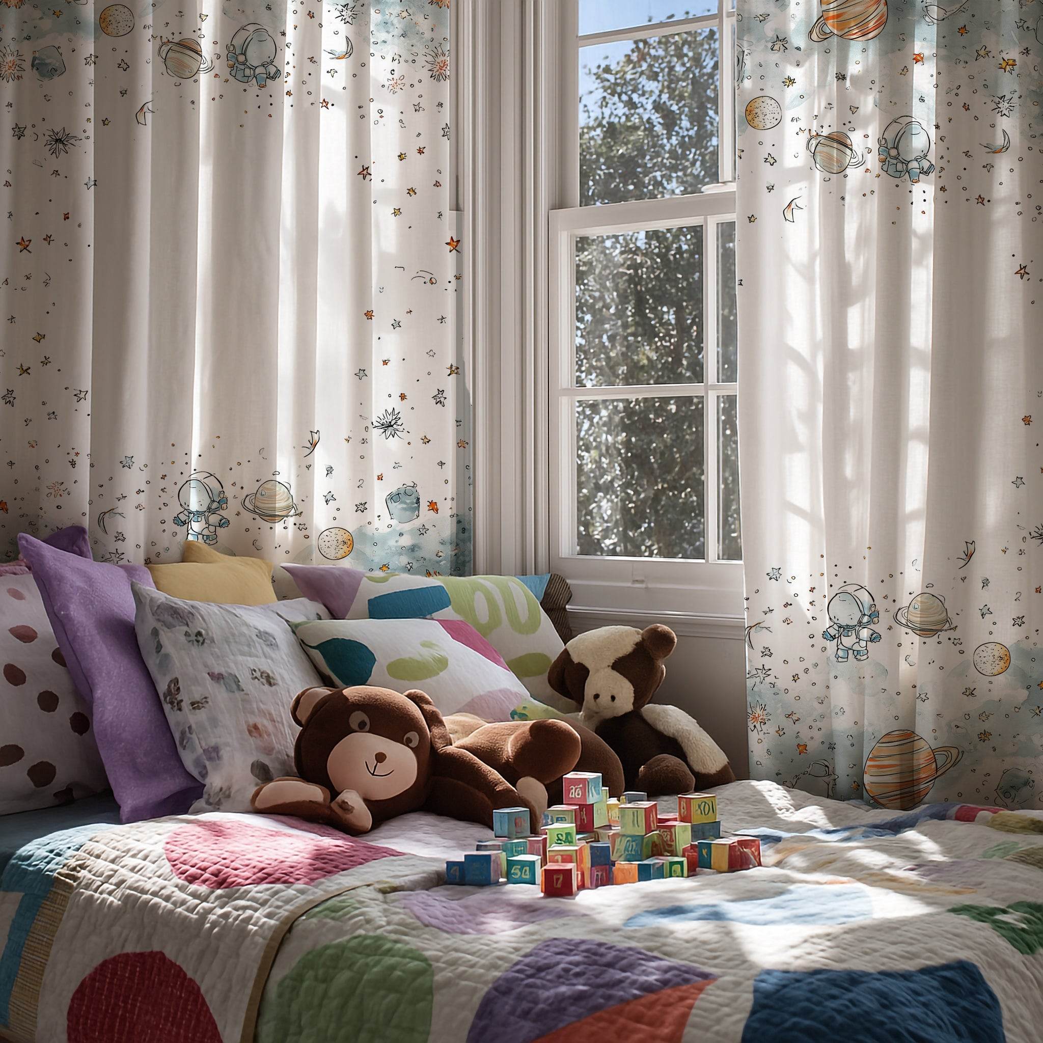 Whimsical Spaceman & Planet Window Curtain with a Touch of Color - Home Decor -