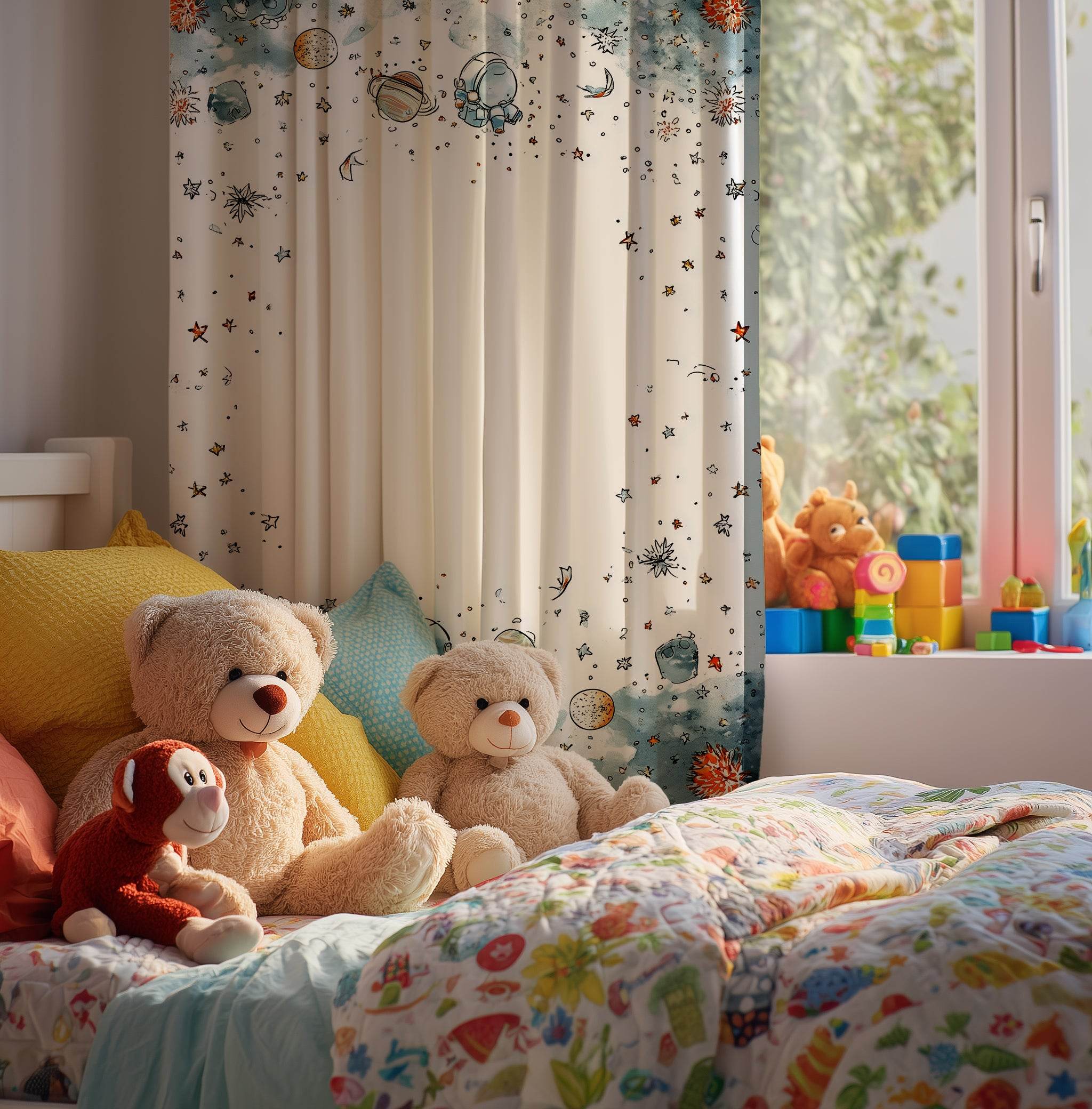 Whimsical Spaceman & Planet Window Curtain with a Touch of Color - Home Decor -