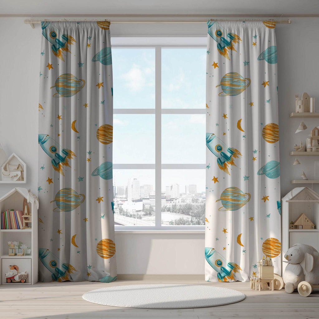 Rocket Adventure Window Curtain - Kids Room Decor, Space Theme, Planetary Plants, Nursery, Child’s Bedroom, Gift for Astronaut Lovers - Home Decor -