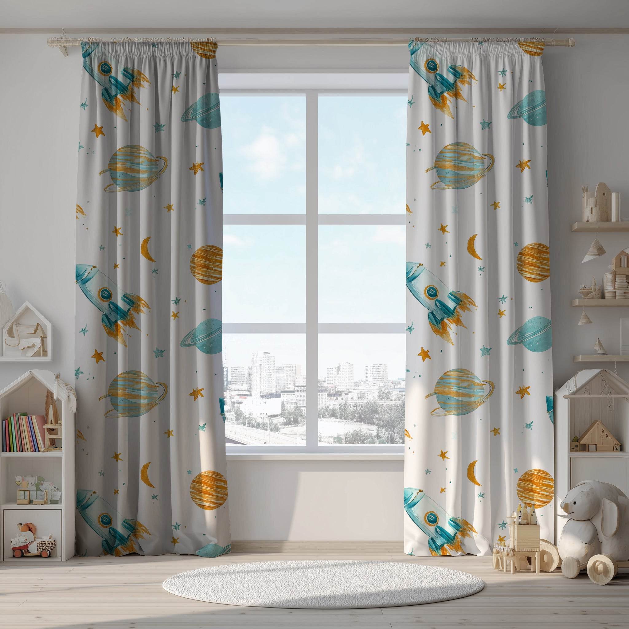 Rocket Adventure Window Curtain - Kids Room Decor, Space Theme, Planetary Plants, Nursery, Child’s Bedroom, Gift for Astronaut Lovers - Home Decor -