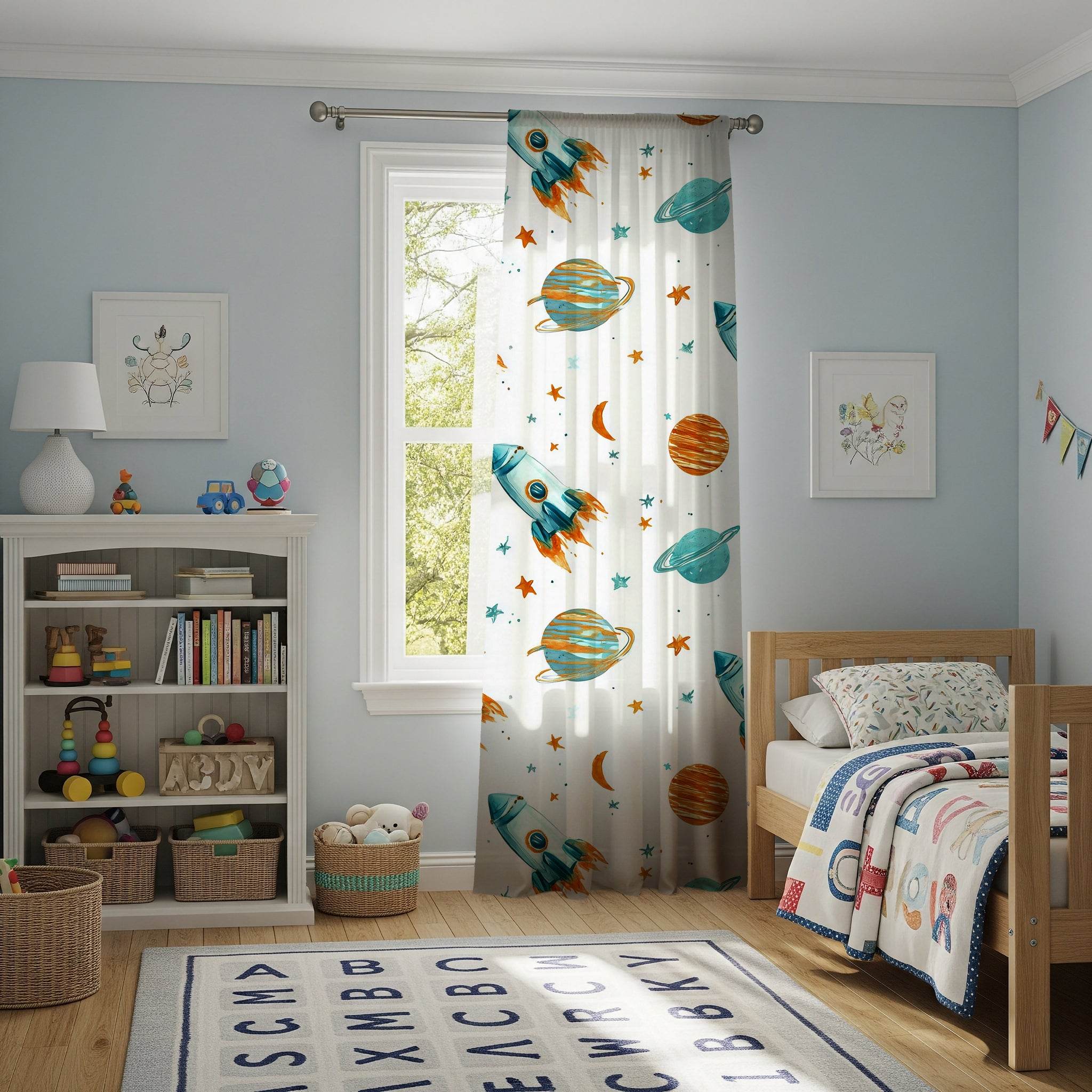 Rocket Adventure Window Curtain - Kids Room Decor, Space Theme, Planetary Plants, Nursery, Child’s Bedroom, Gift for Astronaut Lovers - Home Decor -