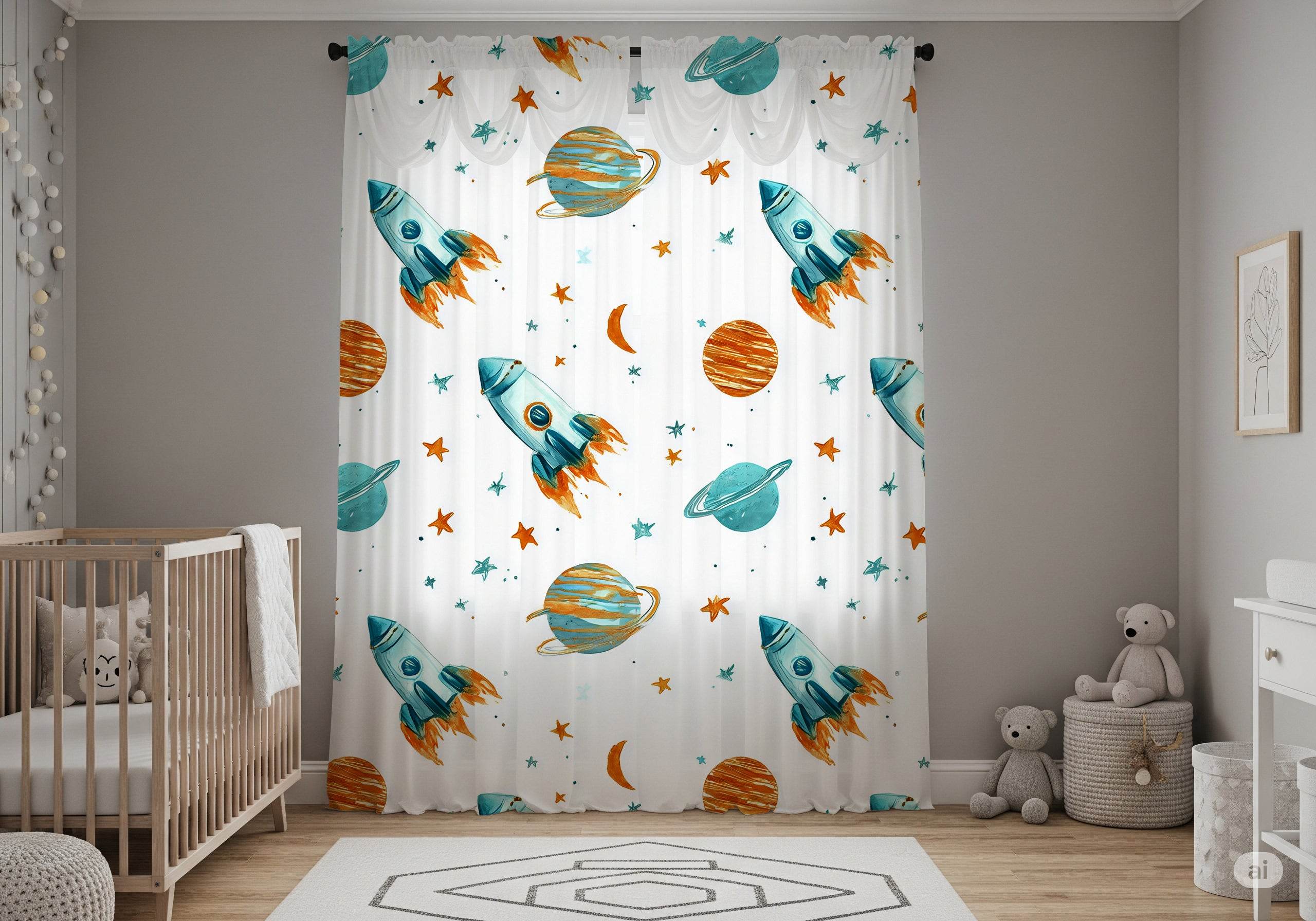 Rocket Adventure Window Curtain - Kids Room Decor, Space Theme, Planetary Plants, Nursery, Child’s Bedroom, Gift for Astronaut Lovers - Home Decor -