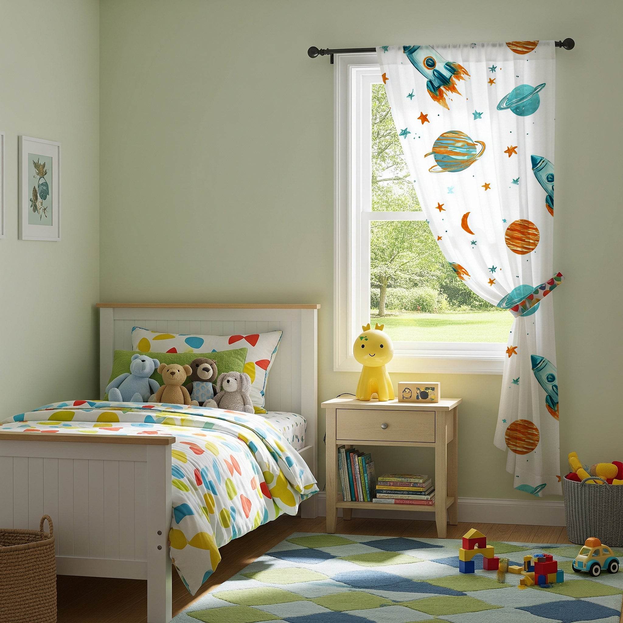 Rocket Adventure Window Curtain - Kids Room Decor, Space Theme, Planetary Plants, Nursery, Child’s Bedroom, Gift for Astronaut Lovers - Home Decor -