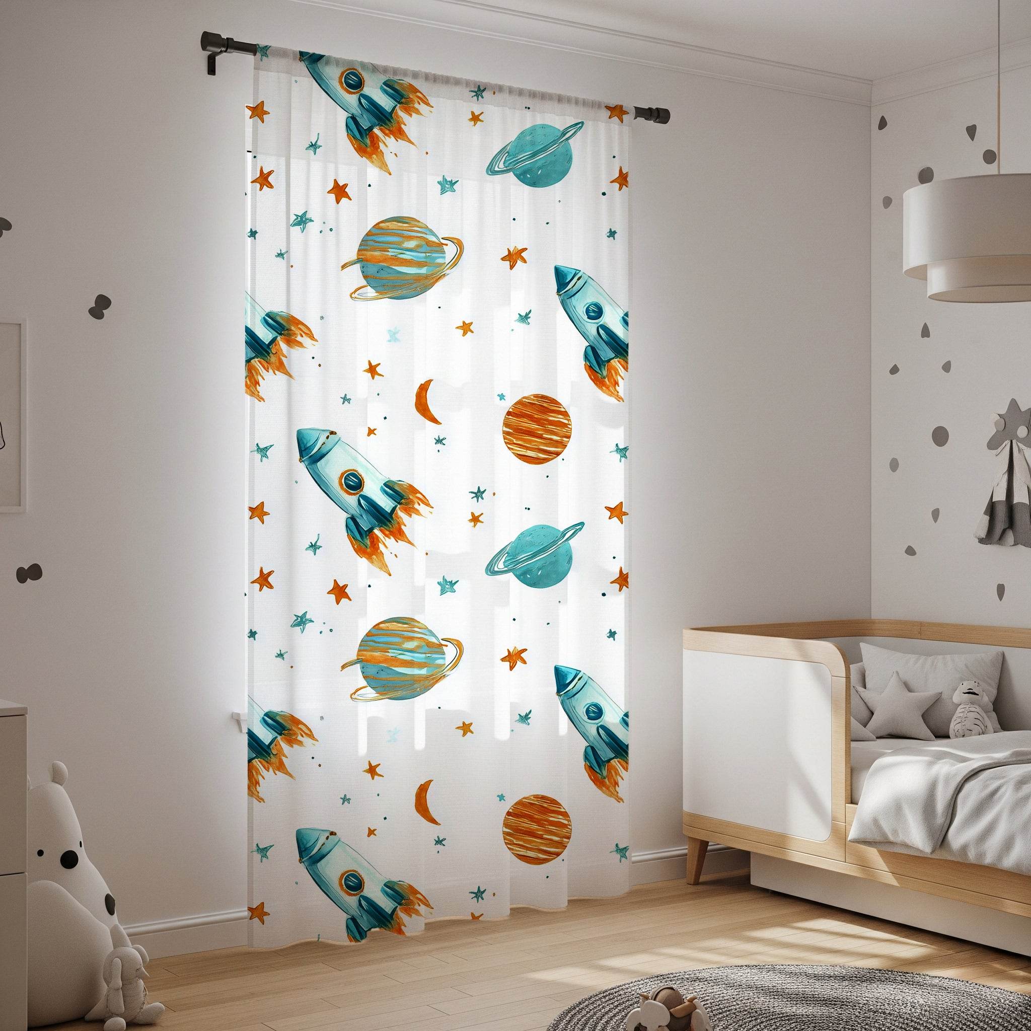Rocket Adventure Window Curtain - Kids Room Decor, Space Theme, Planetary Plants, Nursery, Child’s Bedroom, Gift for Astronaut Lovers - Home Decor -